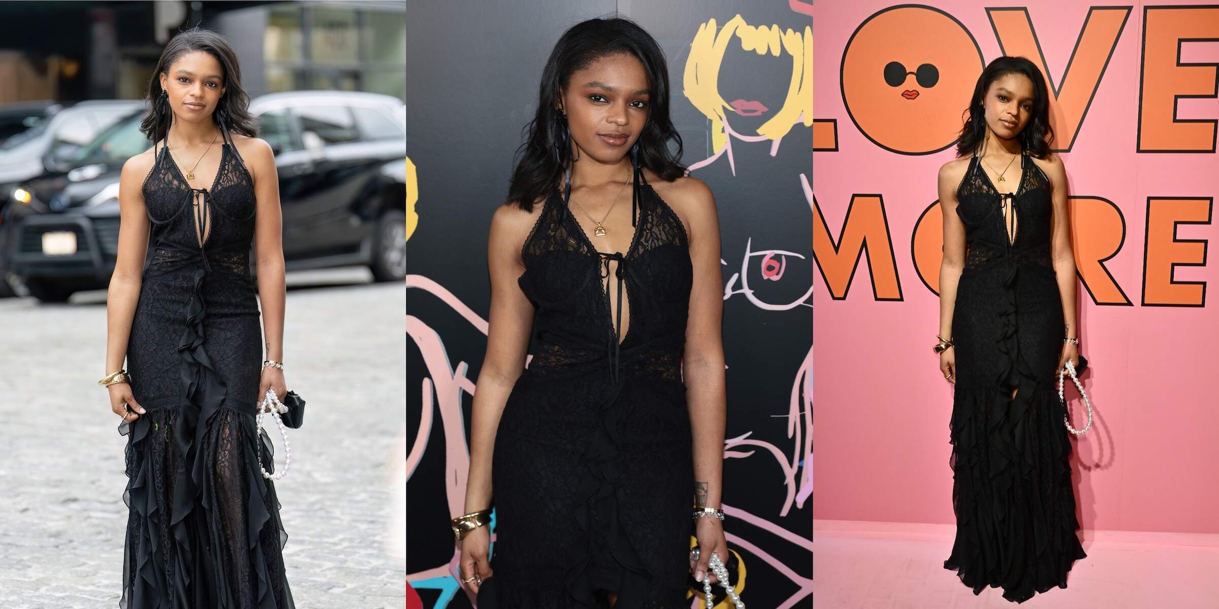 Wearing a black lace dress, Selay Marley poses before and after the alice + olivia By Stacey Bendet presentation during New York Fashion Week