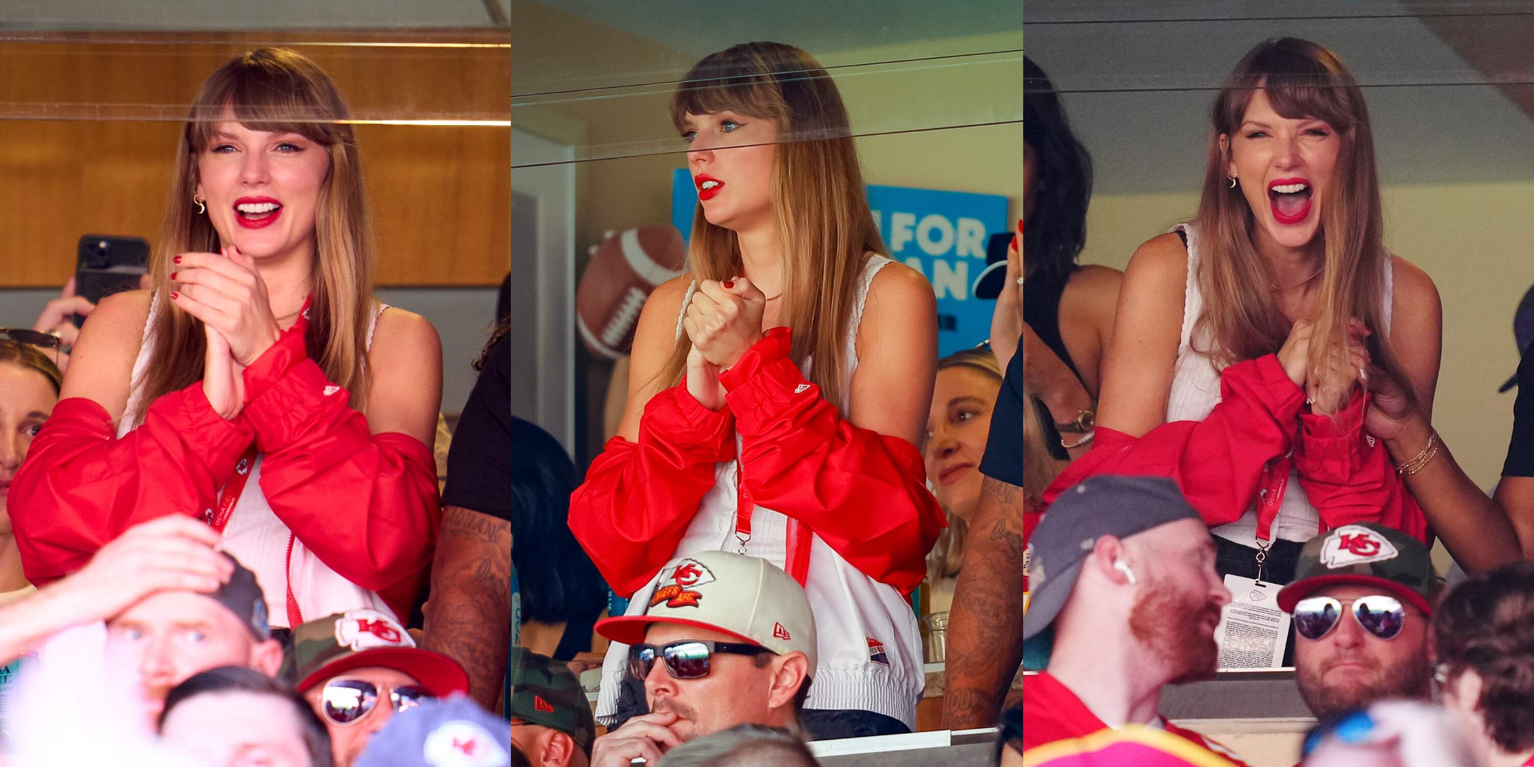 Singer-songwriter Taylor Swift cheers from a suite as the Kansas City Chiefs play