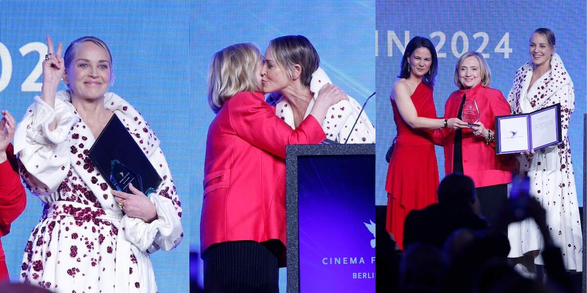 Annalena Baerbock, Germany's foreign minister, Hillary Clinton and Sharon Stone stand on stage together at the Cinema for Peace Gala