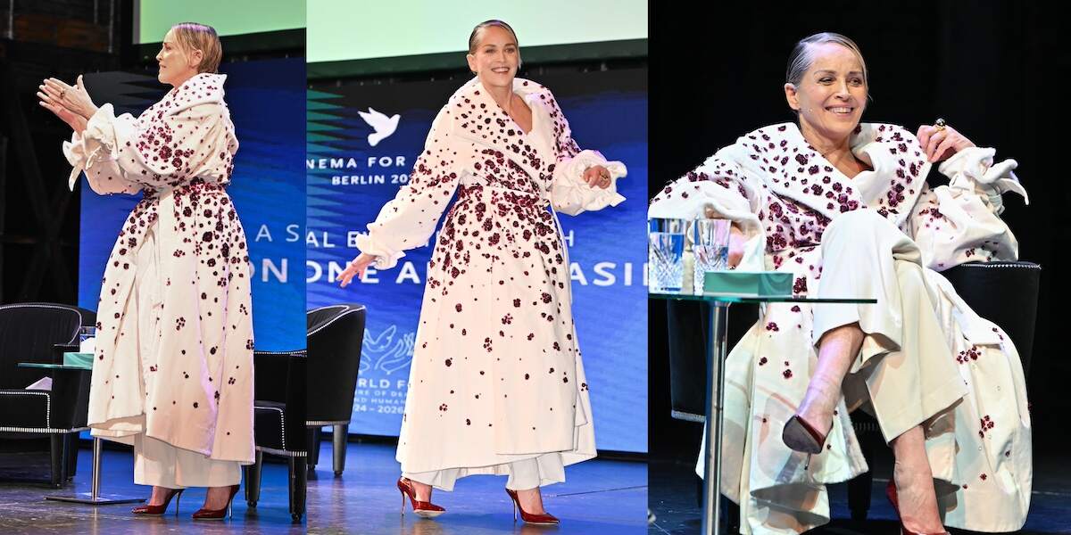 Actor Sharon Stone sits on stage in a white overcoat during the conversation with Sharon Stone event prior to the screening of "Casino" as part of Cinema For Peace event during the 74th Berlin International Film Festival