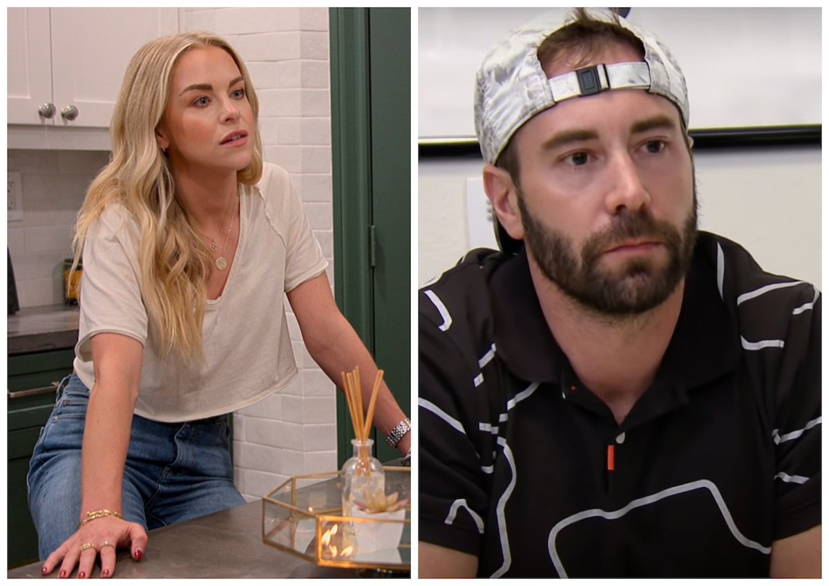 Image of Stacy from 'Love Is Blind' leaning on a counter next to a photo of Ryan from 'Married at First Sight' wearing a backwards white baseball cap