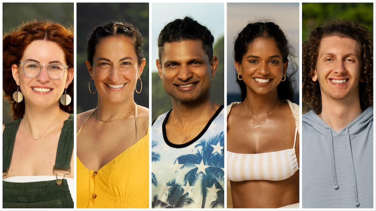 Portraits of Moriah Gaynor, Maria Shrime Gonzalez, Bhanu Gopal, Jemila “Jem” Hussain-Adams, David “Jelinsky” Jelinsky from Survivor 46