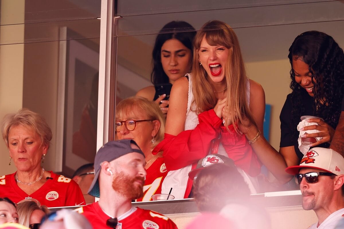 Taylor Swift reacts during a game between the Chicago Bears and the Kansas City Chiefs at GEHA Field at Arrowhead Stadium