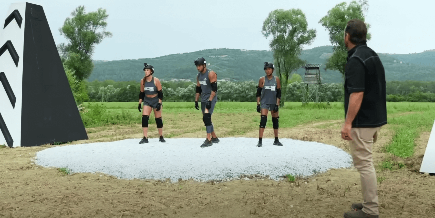 MTV's 'The Challenge' Season 39 competitors Nurys, Olivia, and James about to compete in front of host TJ Lavin