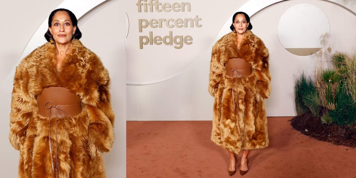 Actor Tracee Ellis Ross wears a copper fur coat and leather belt at the Fifteen Percent Gala