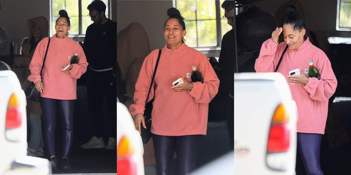 Actor Tracy Ellen Ross leaves the gym in navy leggins and a pink quarter-zip sweatshirt