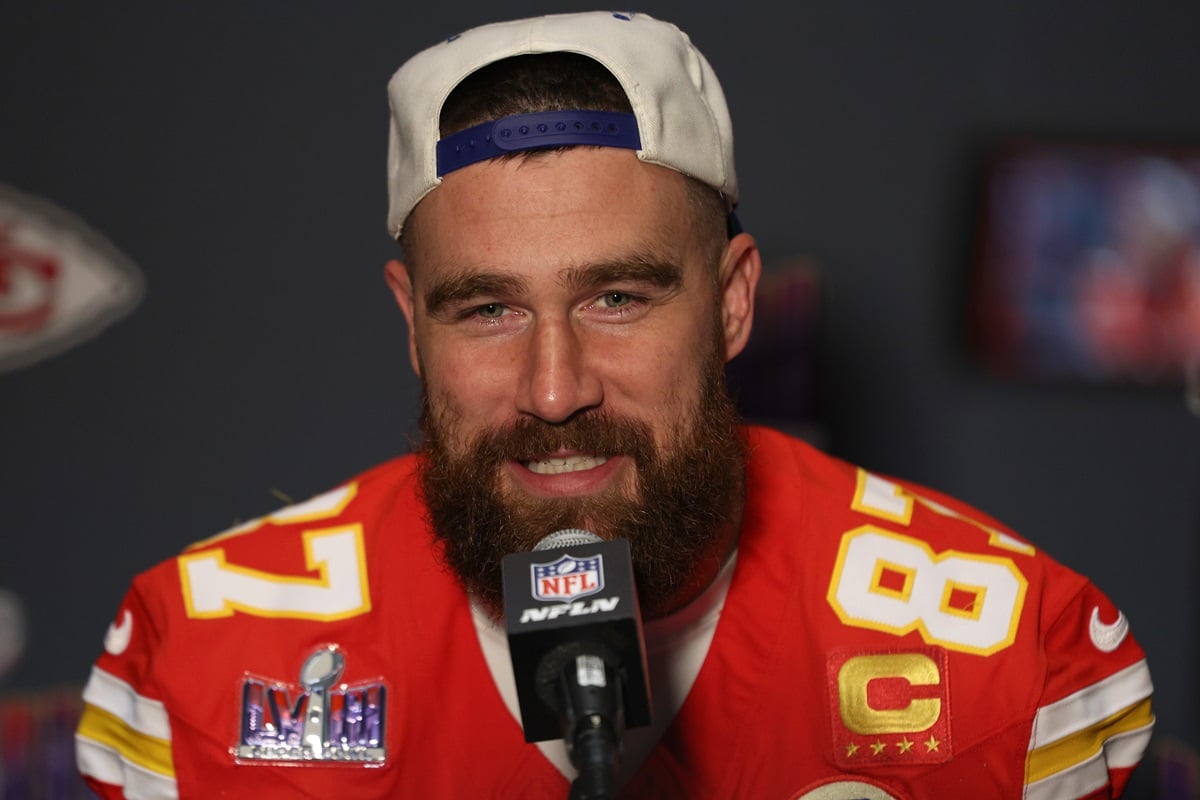 Travis Kelce of the Kansas City Chiefs speaks to the media during Kansas City Chiefs media availability ahead of Super Bowl LVIII at Westin Lake Las Vegas Resort and Spa on February 07, 2024