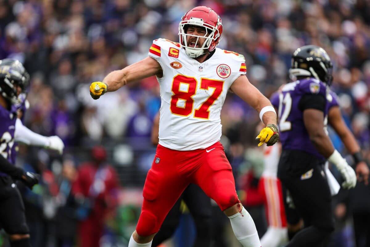 Travis Kelce of the Kansas City Chiefs celebrates during the AFC Championship game