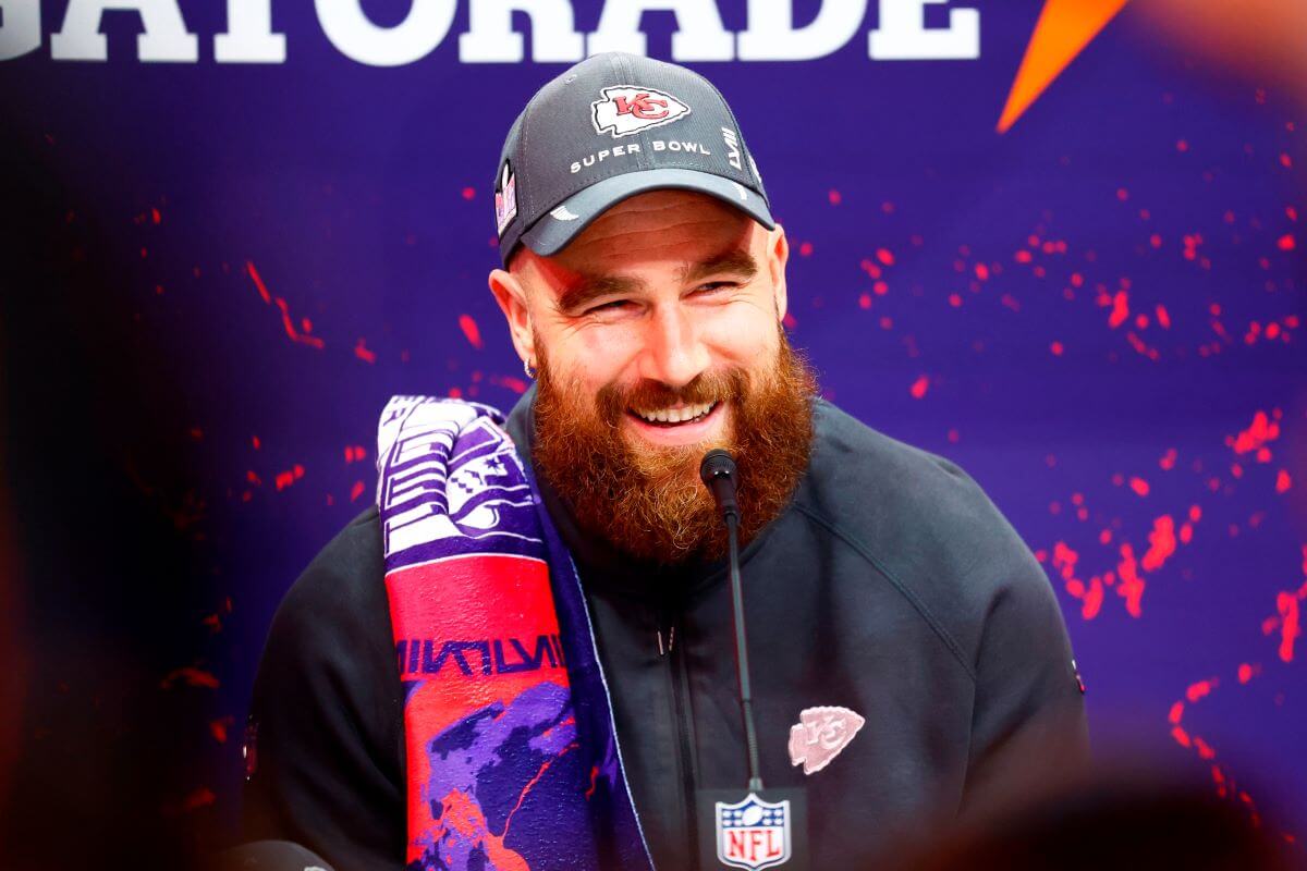 Travis Kelce of the Kansas City Chiefs is interviewed during the Super Bowl LVIII Opening Night presented by Gatorade