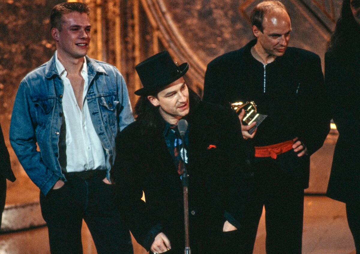 Bono and U2 accepting an award at the 1988 Grammy Awards