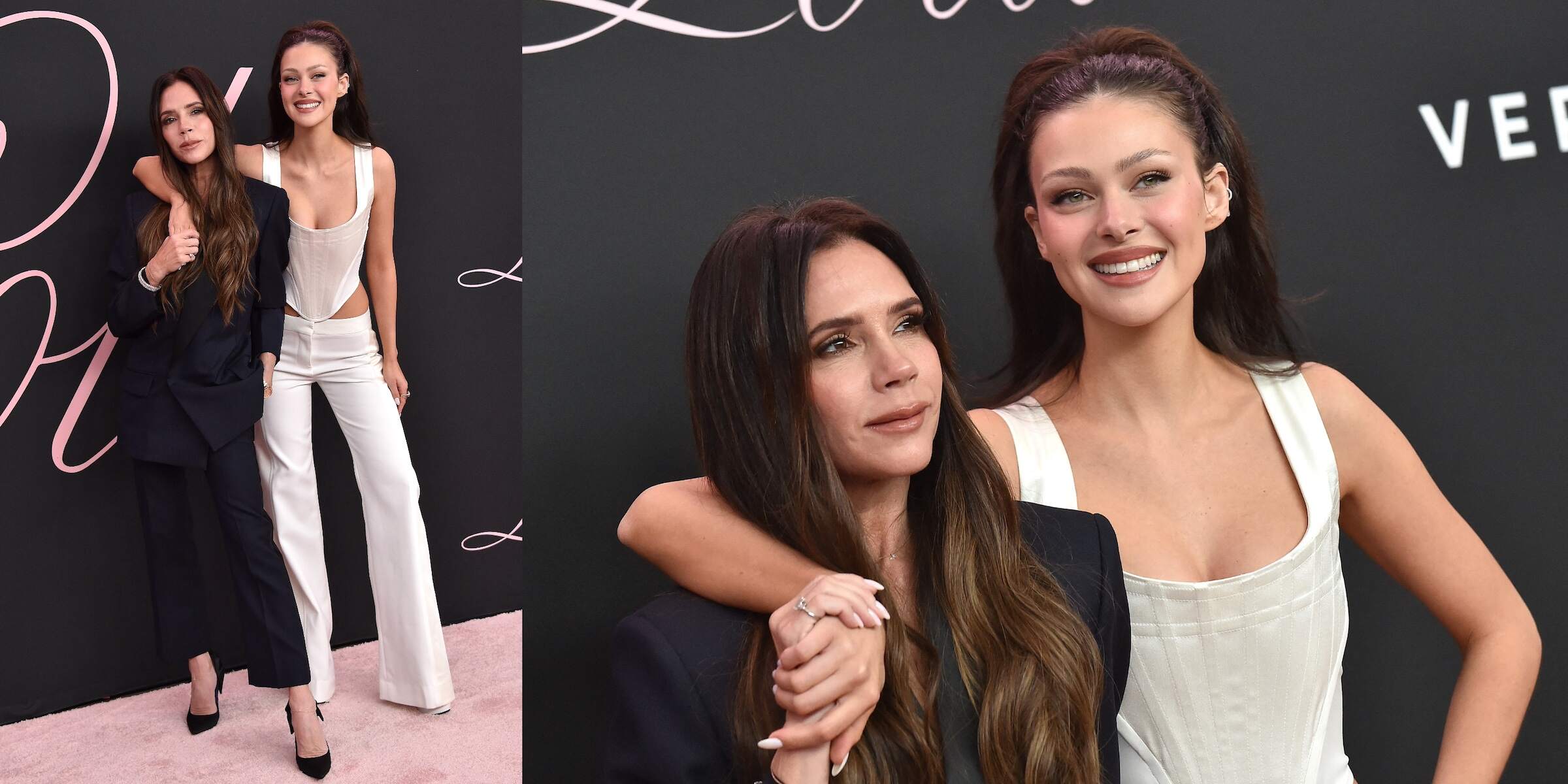 British fashion designer and singer Victoria Beckham and Nicola Peltz Beckham smile together on the pink carpet for a movie premiere