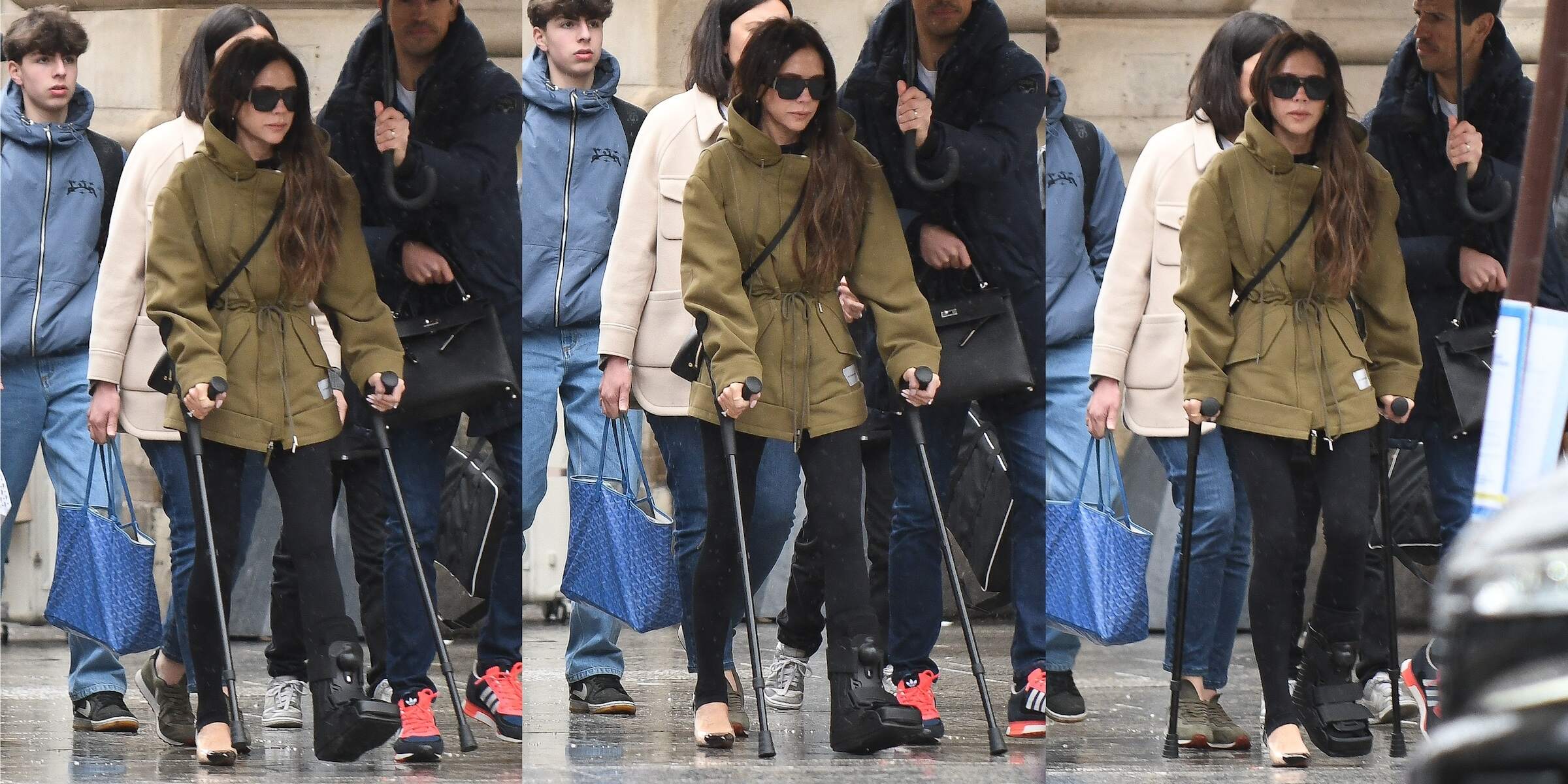 British fashion designer Victoria Beckham wears a foot brace while using crutches on February 26, 2024 in Paris, France