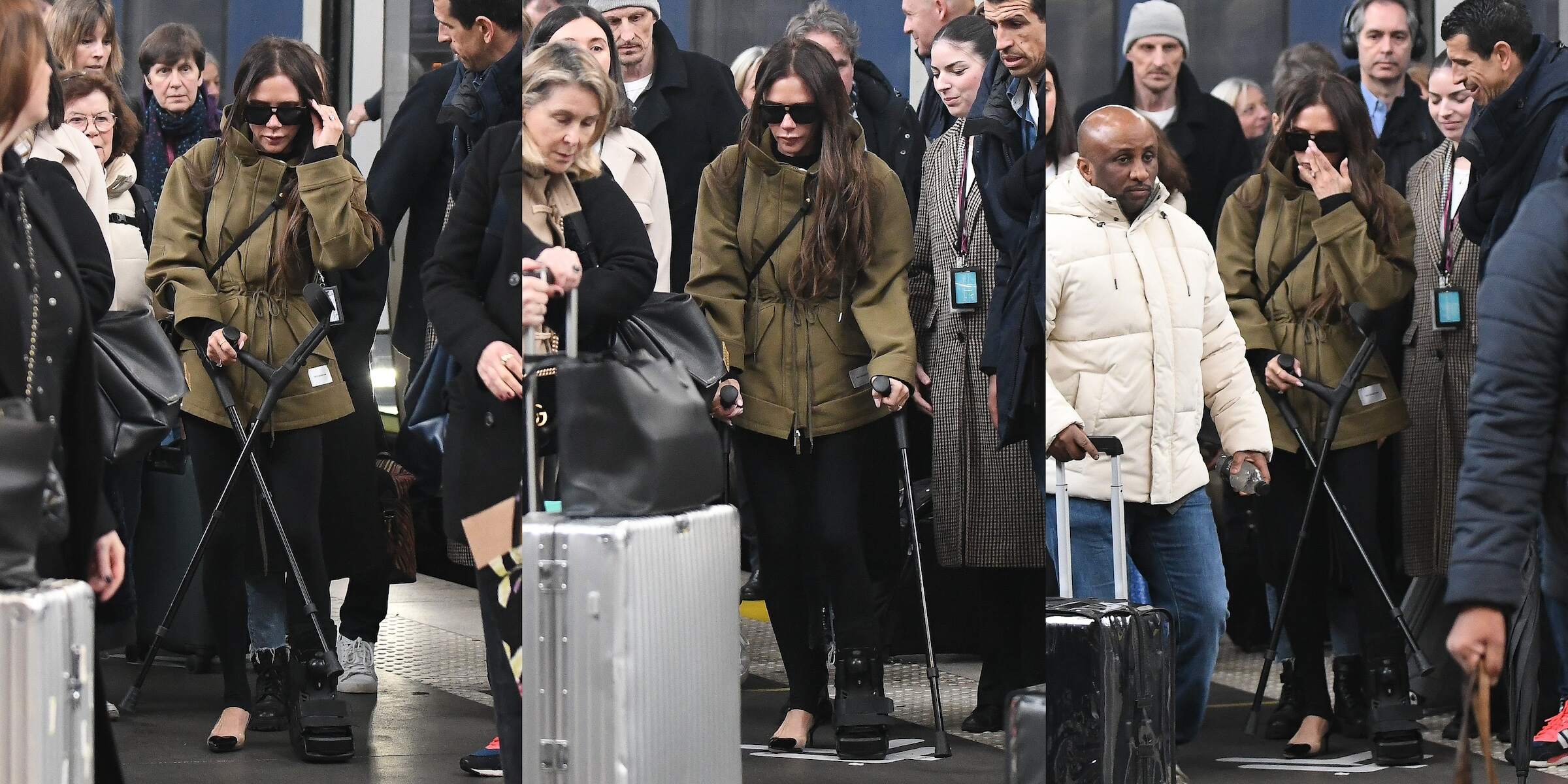 British fashion designer Victoria Beckham wears a foot brace while using crutches on February 26, 2024 in Paris, France