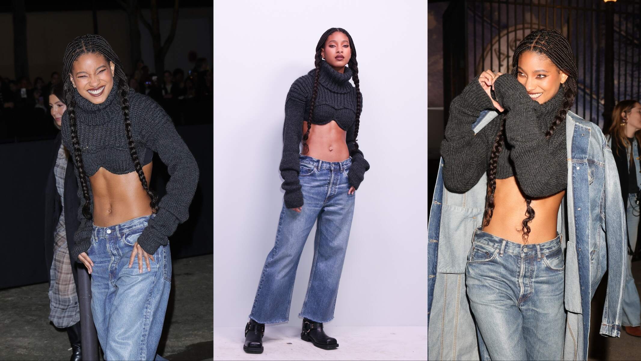 Actor Willow Smith smiles and waves at cameras as she arrives for the Acne runway show wearing a black cropped sweater