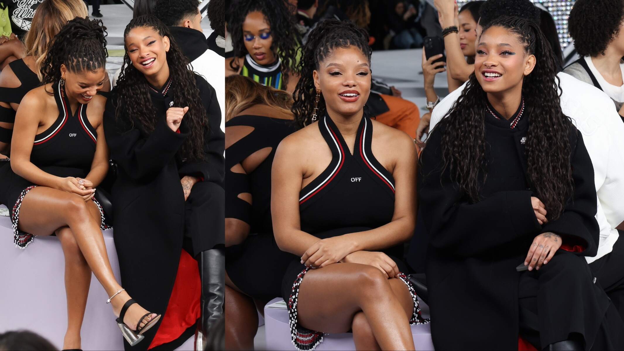 Actors Halle Bailey and Willow Smith laugh together in the front row for the Off White runway show in matching outfits
