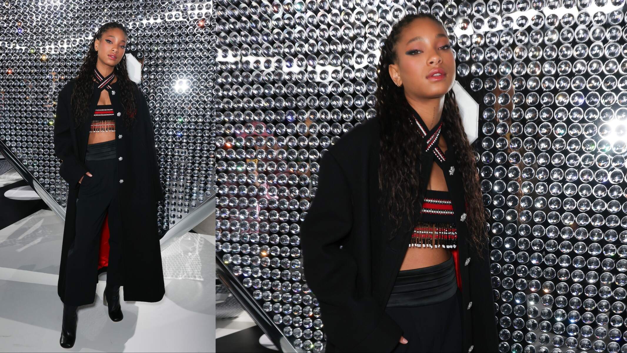 Actor Willow Smith poses for cameras in a red and black outfit before the Off White runway show