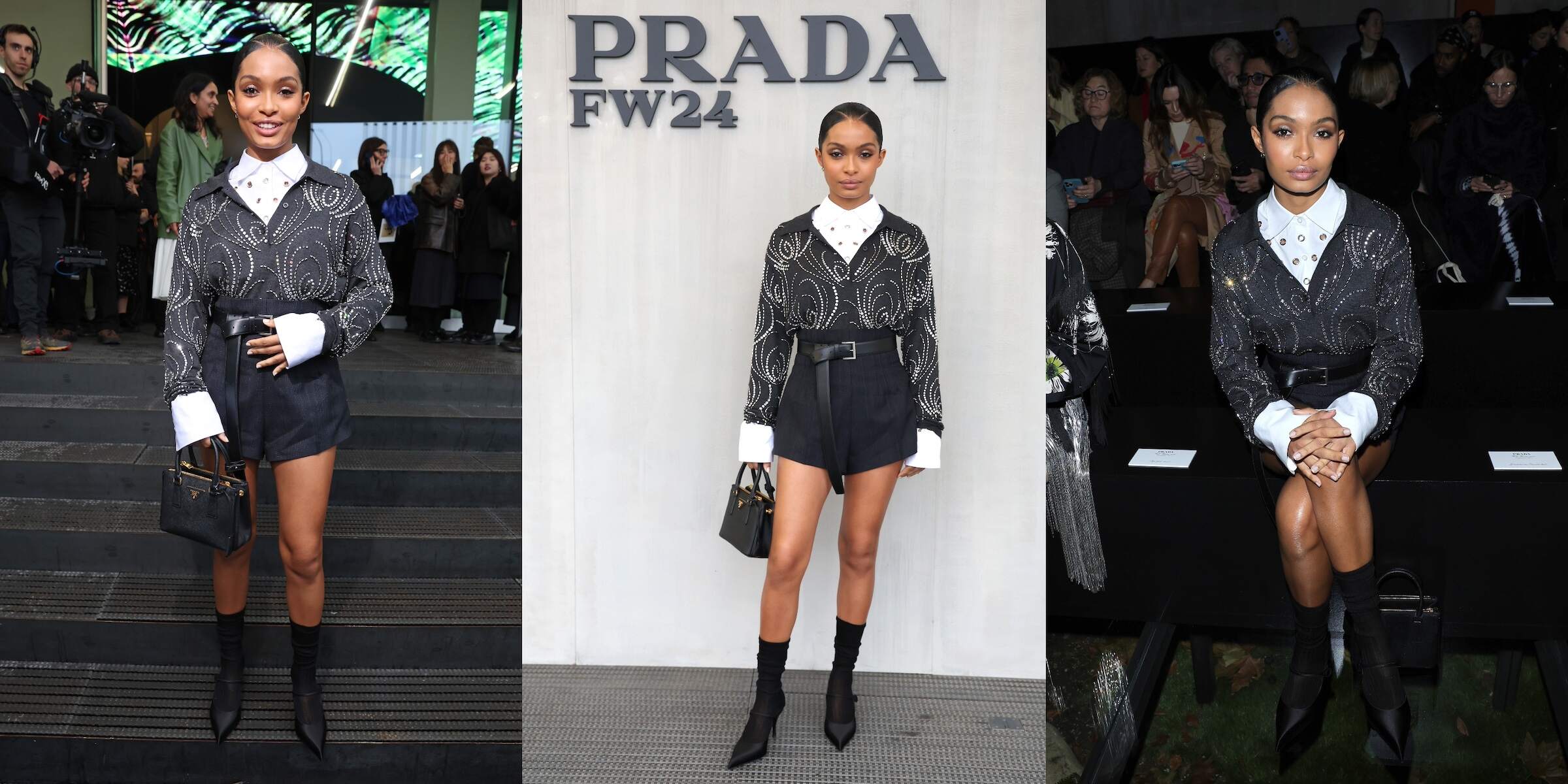 Actor Yara Shahidi at the Prada fashion show wearing black shorts and a black top