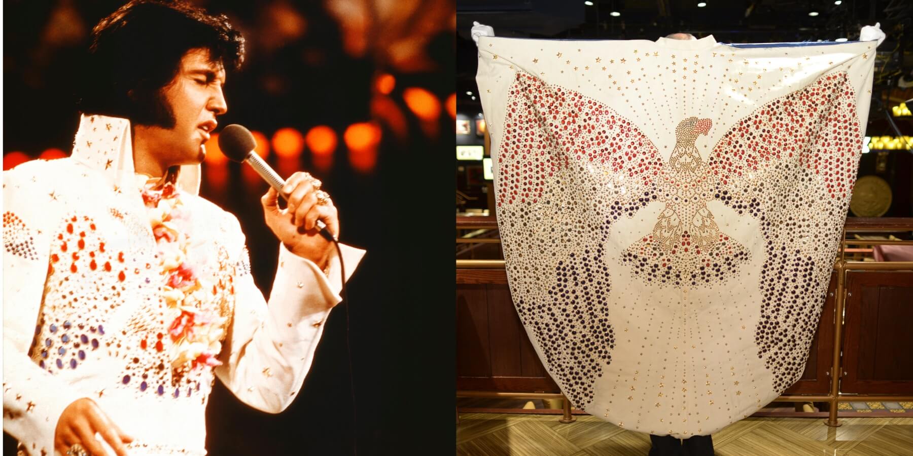 Elvis Presley in a side-by-side photo with his American Eagle Cape, which he wore in Hawaii