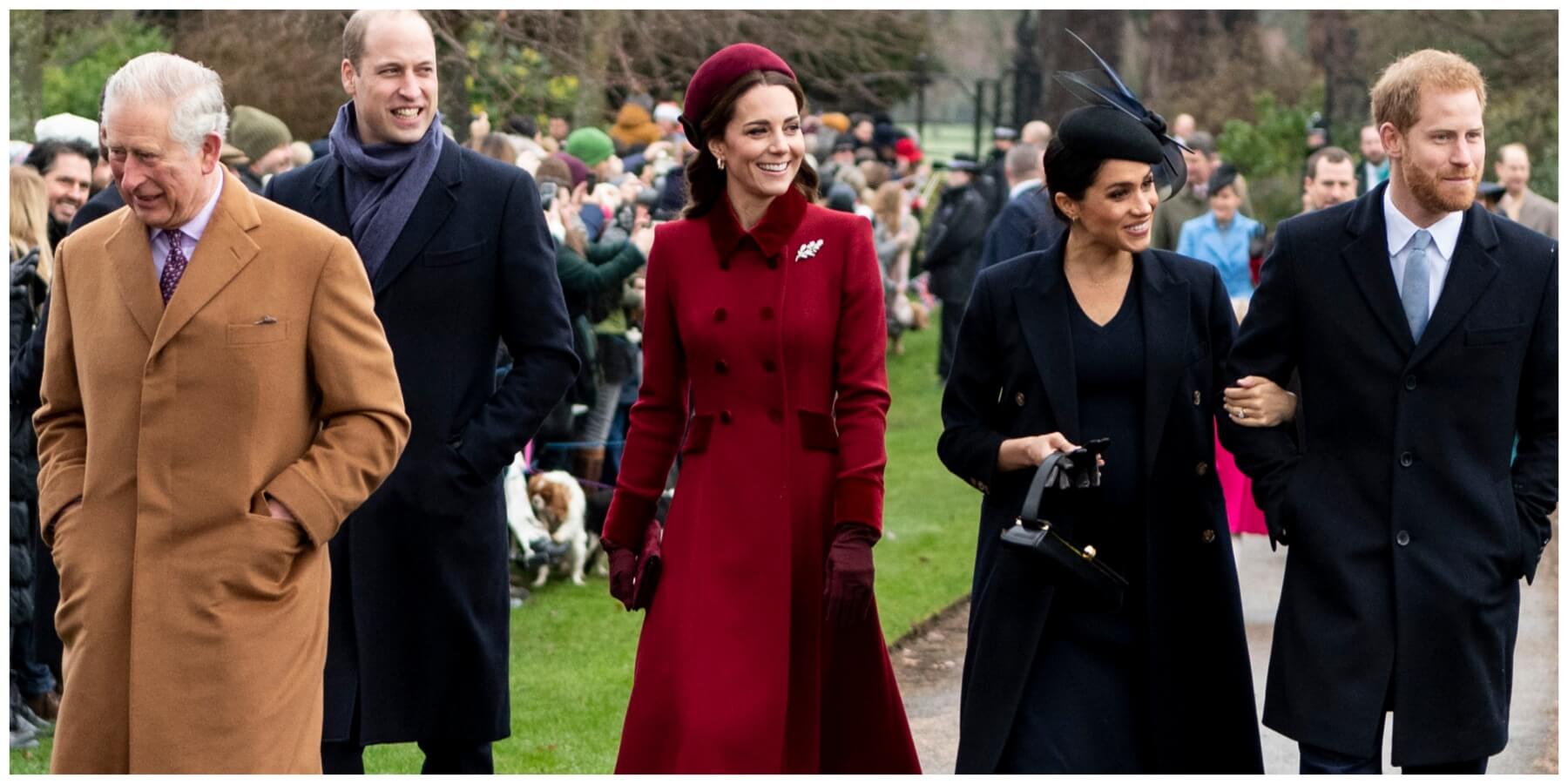 King Charles, Prince William, Kate Middleton, Meghan Markle and Prince Harry photographed in 2018.