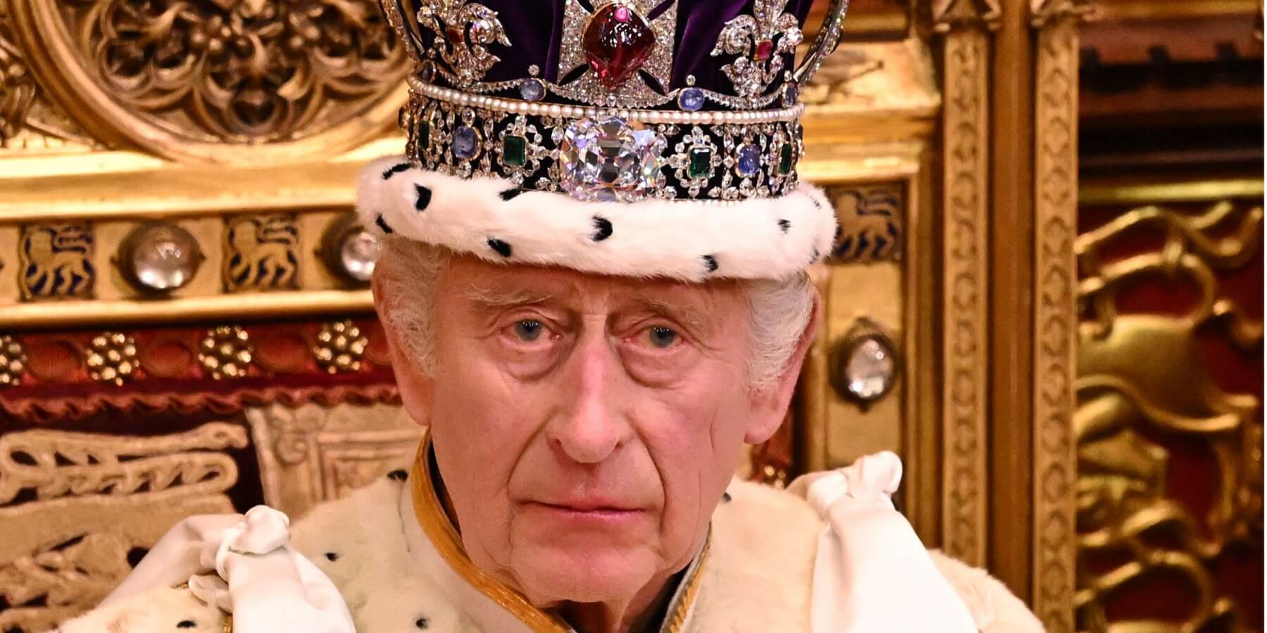 King Charles wears a crown at the state opening of Parliament in Fall 2023