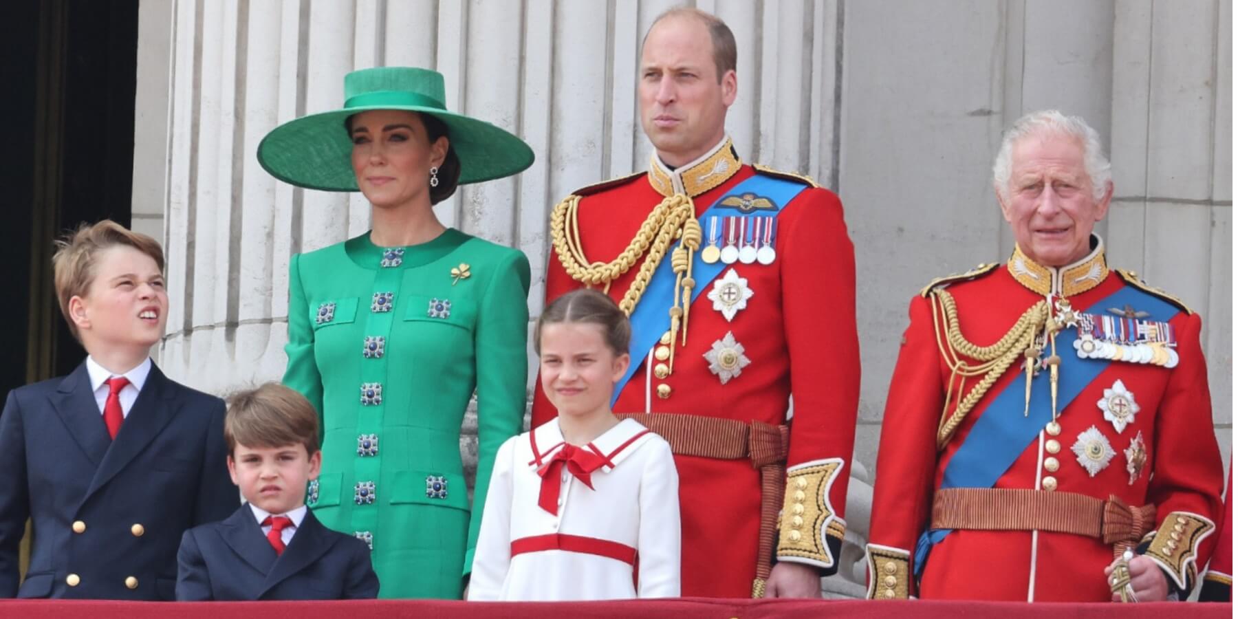 Prince George, Prince Louis, Kate Middleton, Princess Charlotte and King Charles