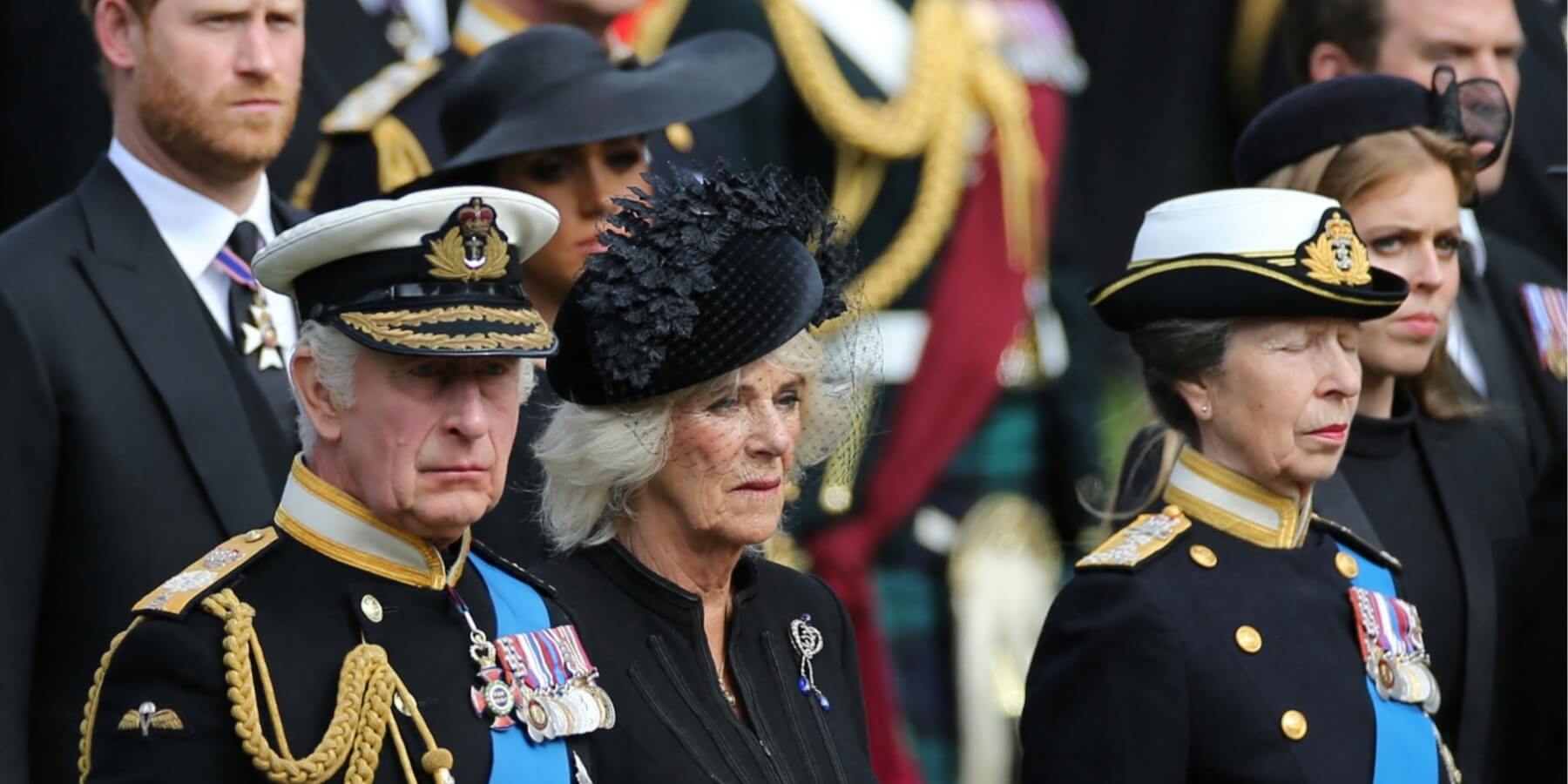 Prince Harry, King Charles, Camilla Parker Bowles, Princess Anne, and Princess Beatrice