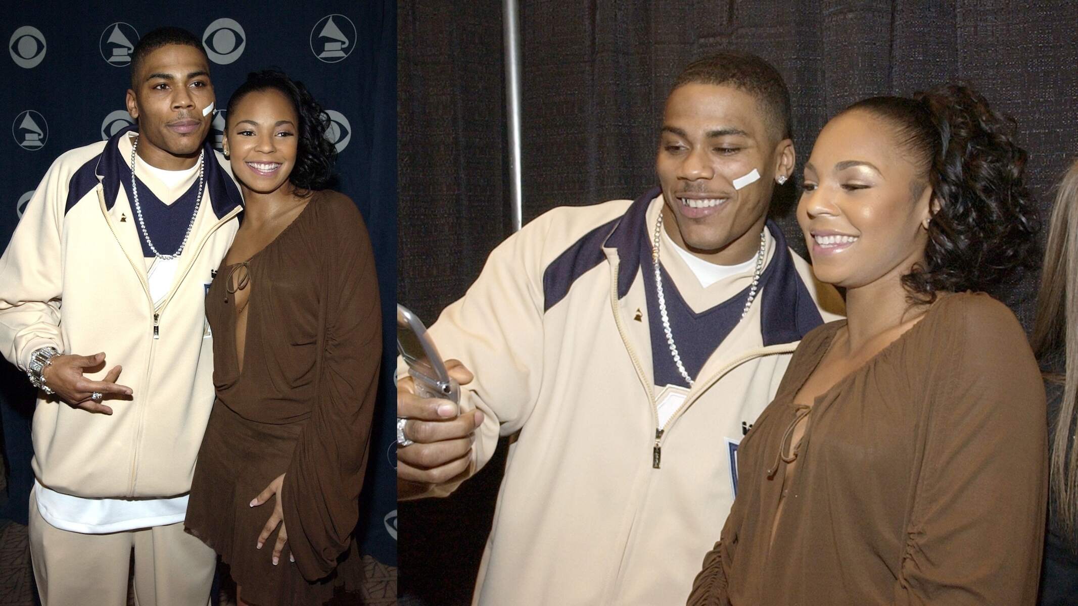 In 2003, Nelly and Ashanti take a photo together at the 2003 Grammy Awards press conference
