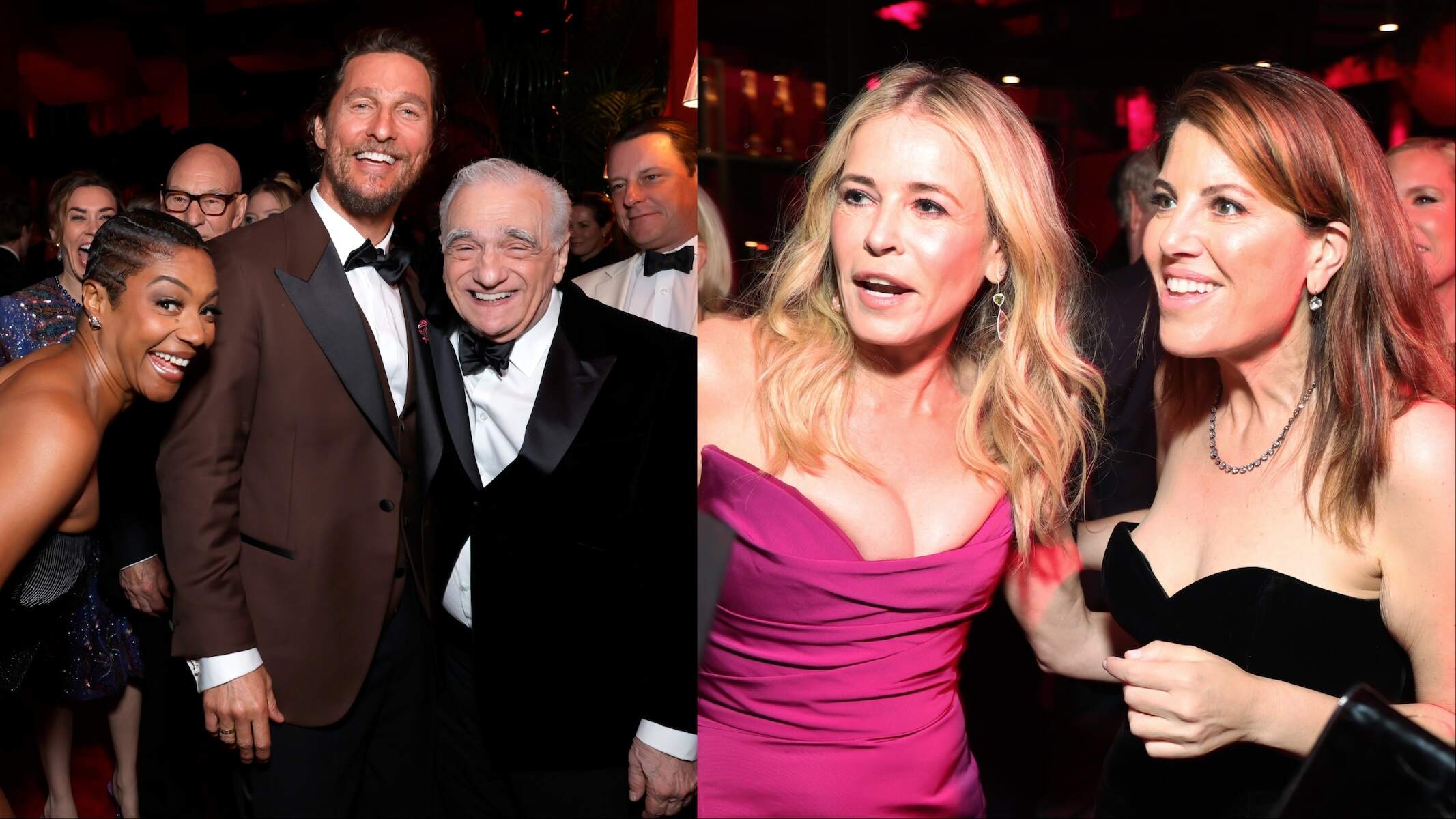 Tiffany Haddish, Matthew McConaughey, and Martin Scorsese; Chelsea Handler and Monica Lewinsky pose together at the 2024 Vanity Fair Oscar Party