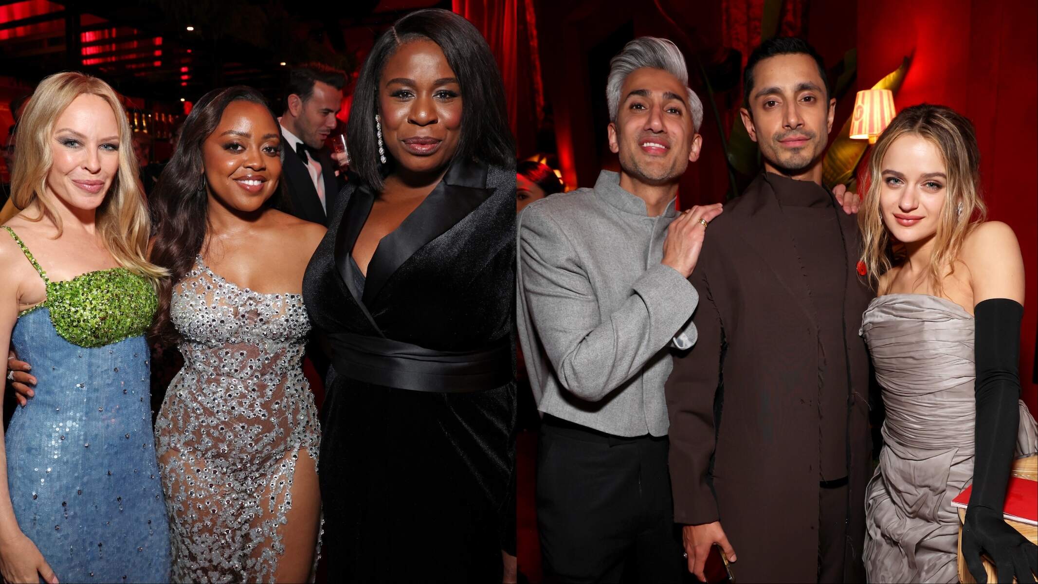 Kylie Minogue, Quinta Brunson, Uzo Aduba; Tan France, Riz Ahmed, and Joey King pose together at the 2024 Vanity Fair Oscar Party