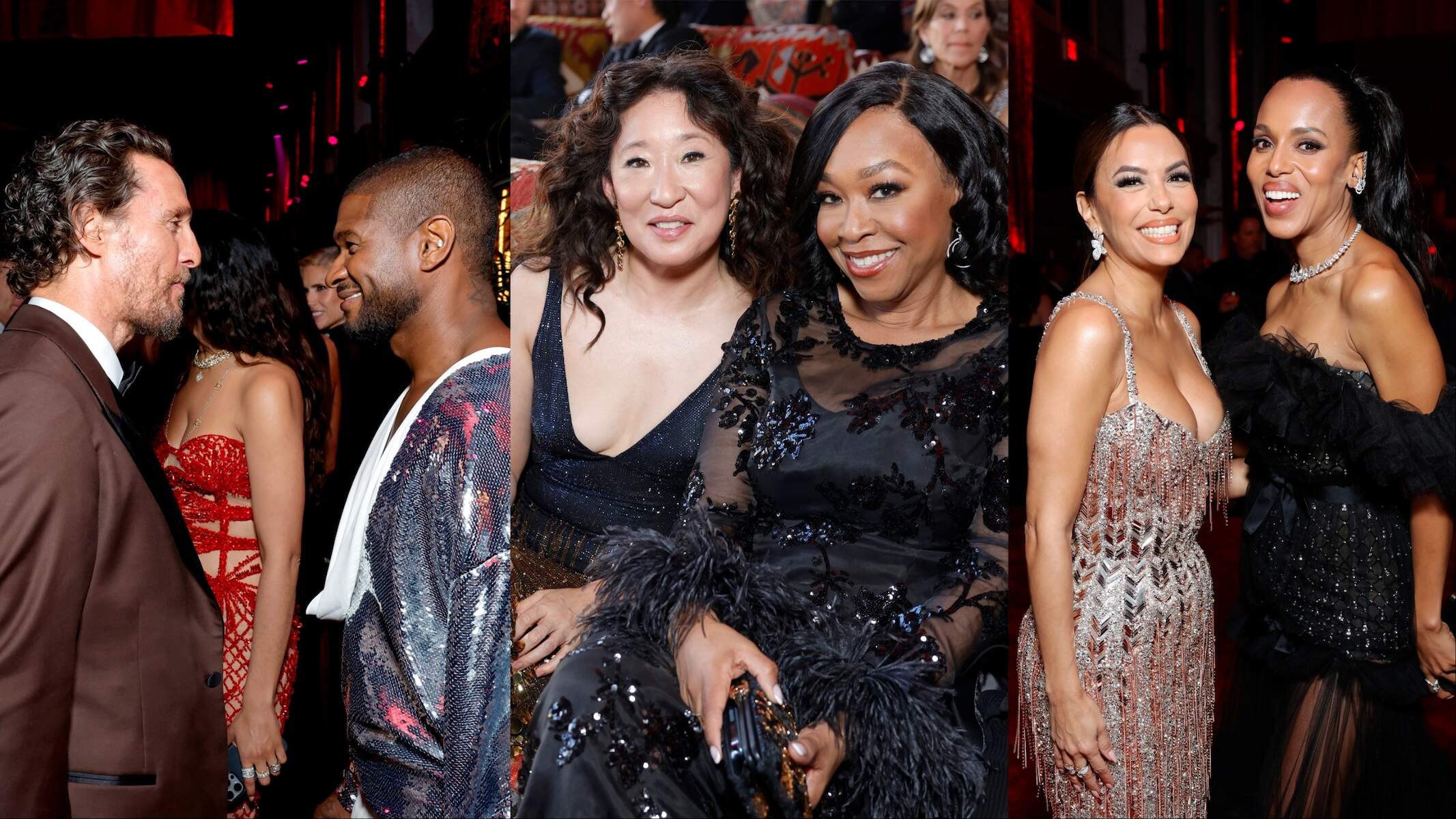 Matthew McConaughey and Usher; Sandra Oh and Shonda Rhimes; Eva Longoria and Kerry Washington pose together at the 2024 Vanity Fair Oscar Party