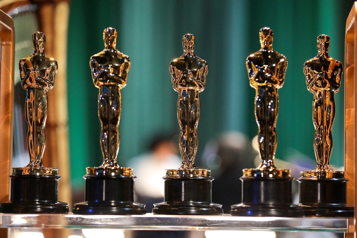 A collection of Oscar statues at the Academy Awards, for which the best actor nominees include Bradley Cooper, Jeffrey Wright, and more in 2024.