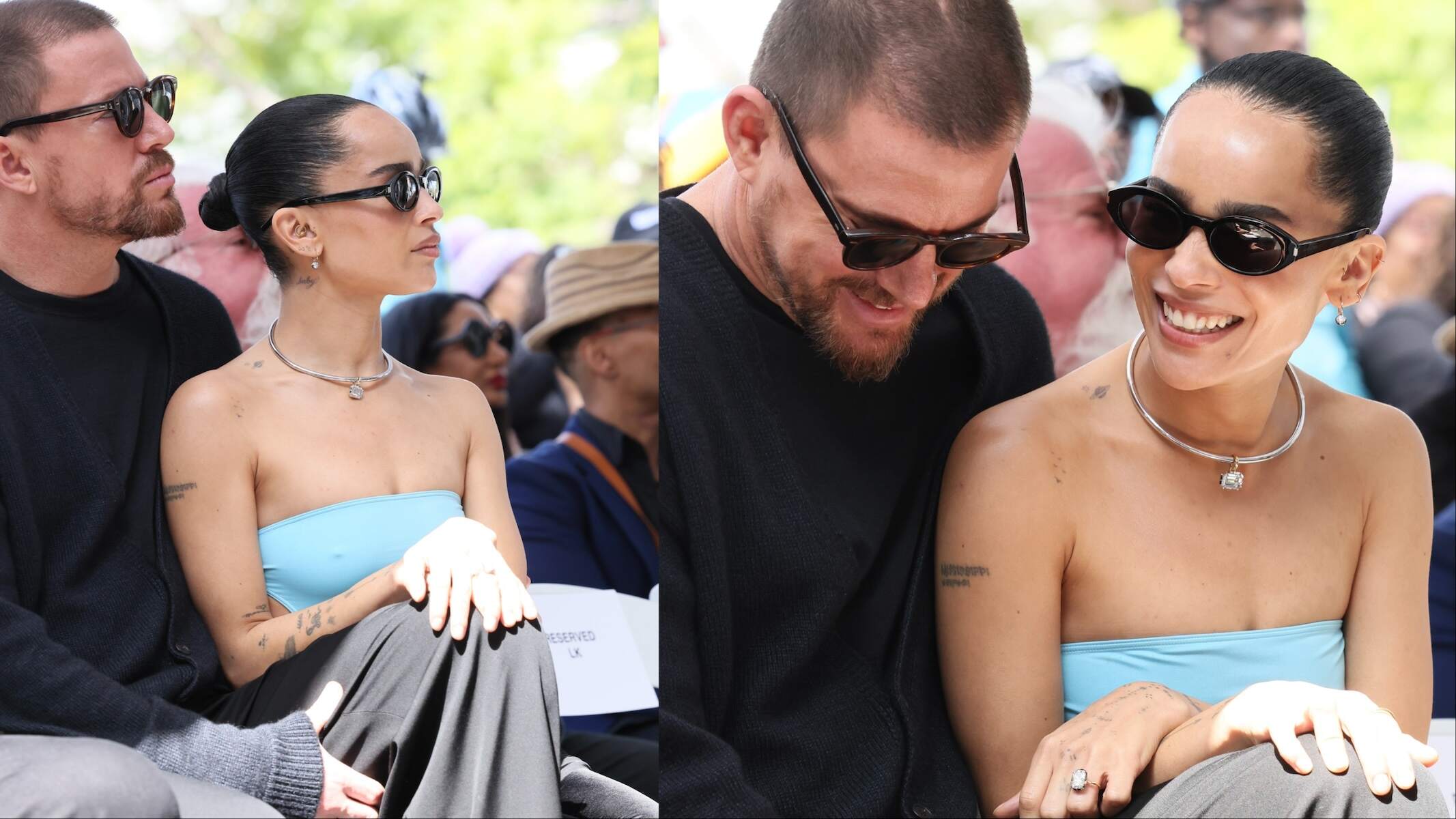 Actors Channing Tatum and Zoë Kravitz laugh together during the Lenny Kravitz Hollywood Walk of Fame Star Ceremony