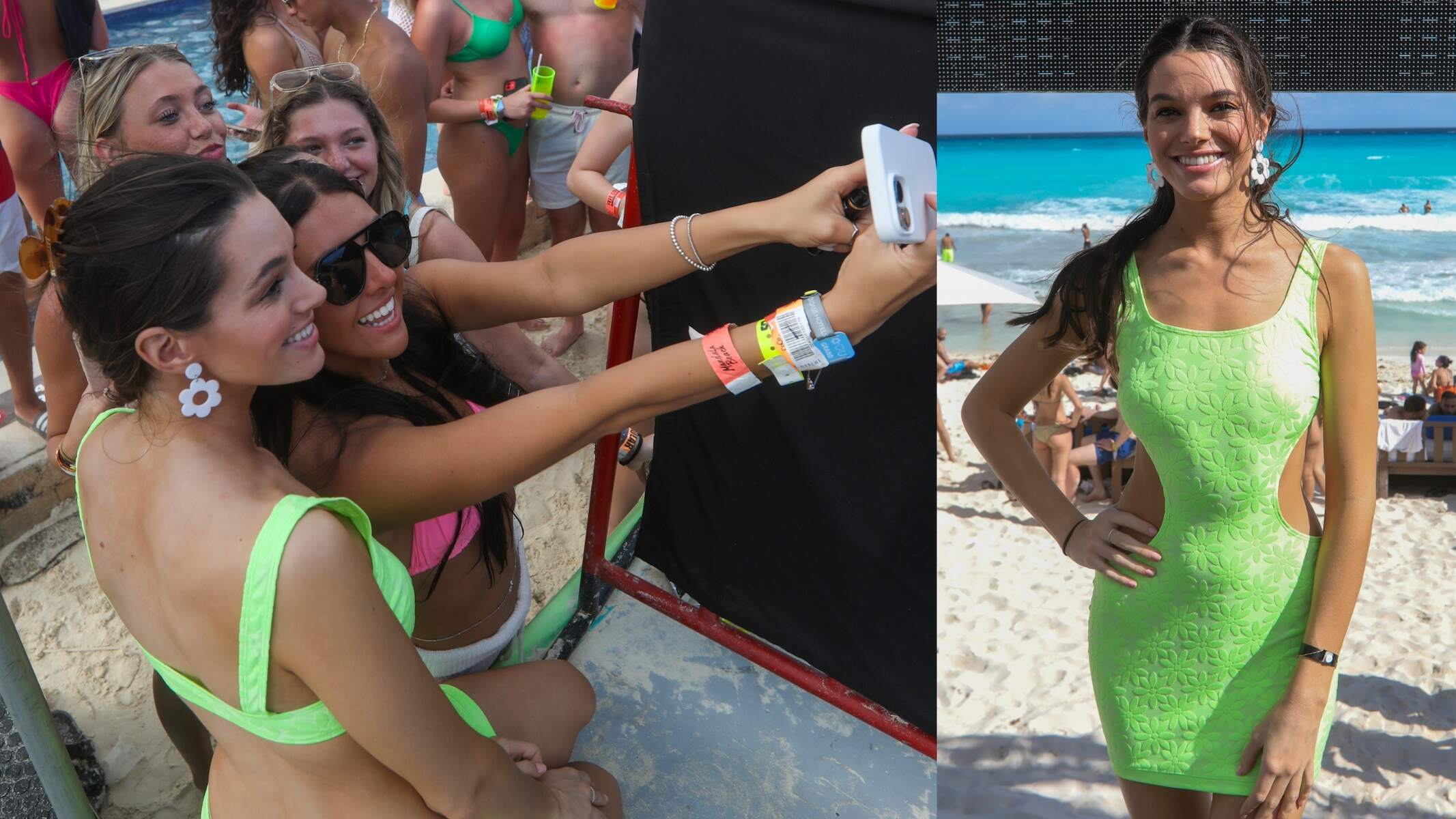 Vanderpump Rules star Ally Lewber takes a selfie with a fan while wearing a green dress at James Kennedy's DJ set in Cancun