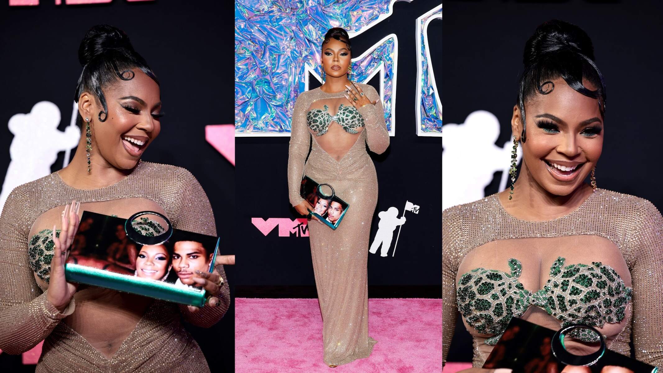 Wear a gold dress at the 2023 VMAs, Ashanti holds a purse with a photo of her and Nelly on it