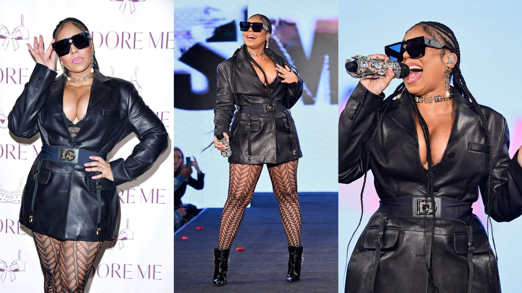 Wearing a black leather jacket, Ashanti poses backstage and performs during the Adore Me fashion show