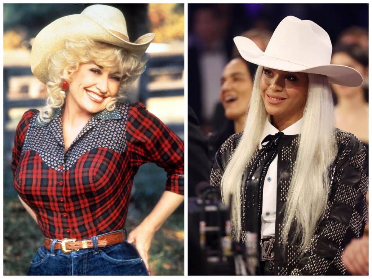 Dolly Parton wears a plaid shirt and a white cowboy hat. Beyoncé wears a black shirt and a white cowboy hat.
