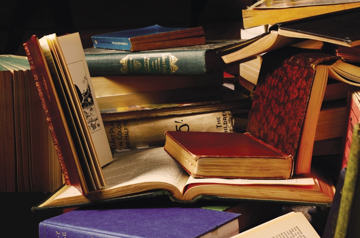 A pile of vintage, leather-bound books, taken on April 22, 2011.