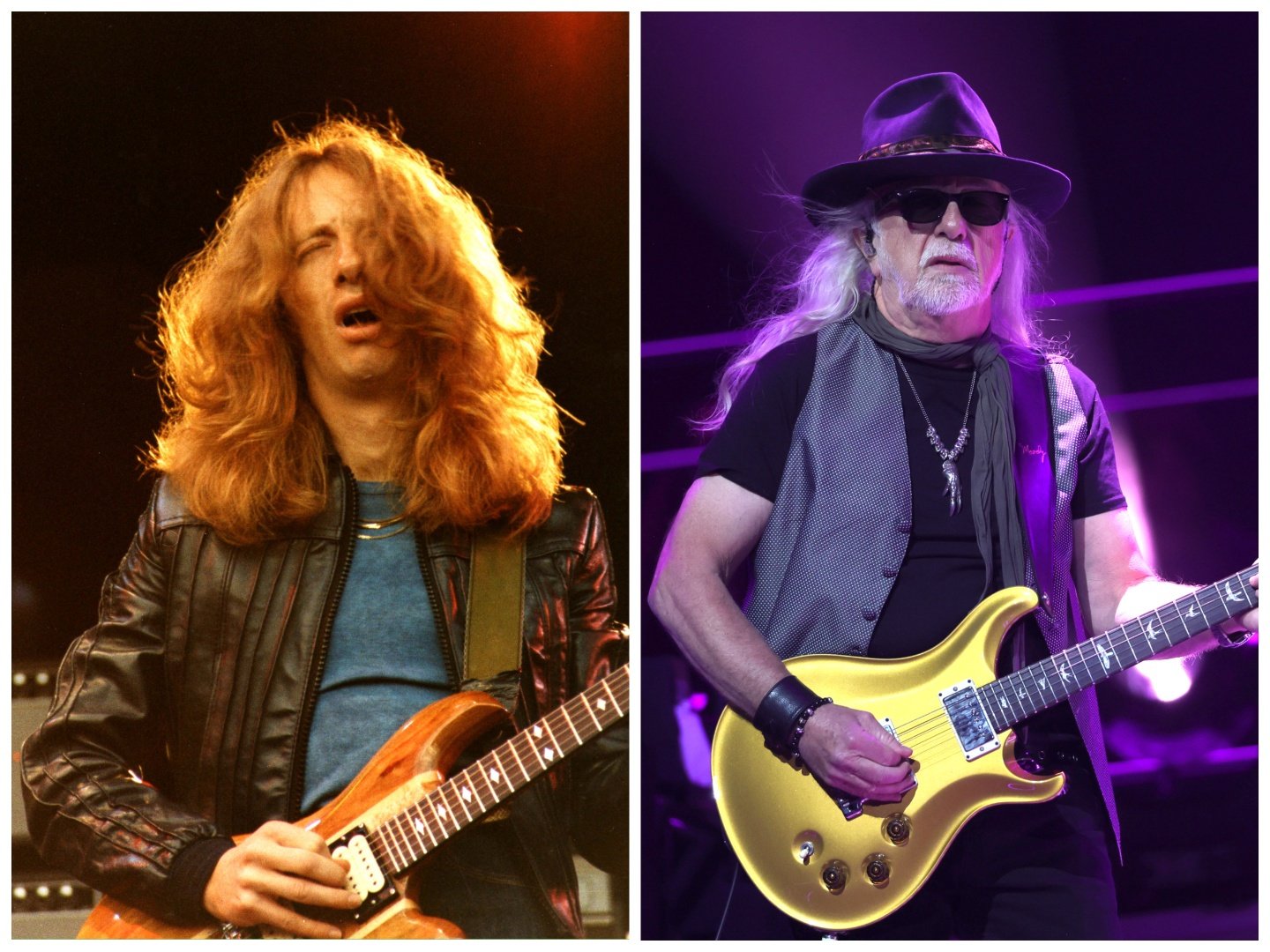 Brad Whitford wears a leather jacket and plays guitar in 1977. Brad Whitford wears a hat and sunglasses and plays guitar in 2023.