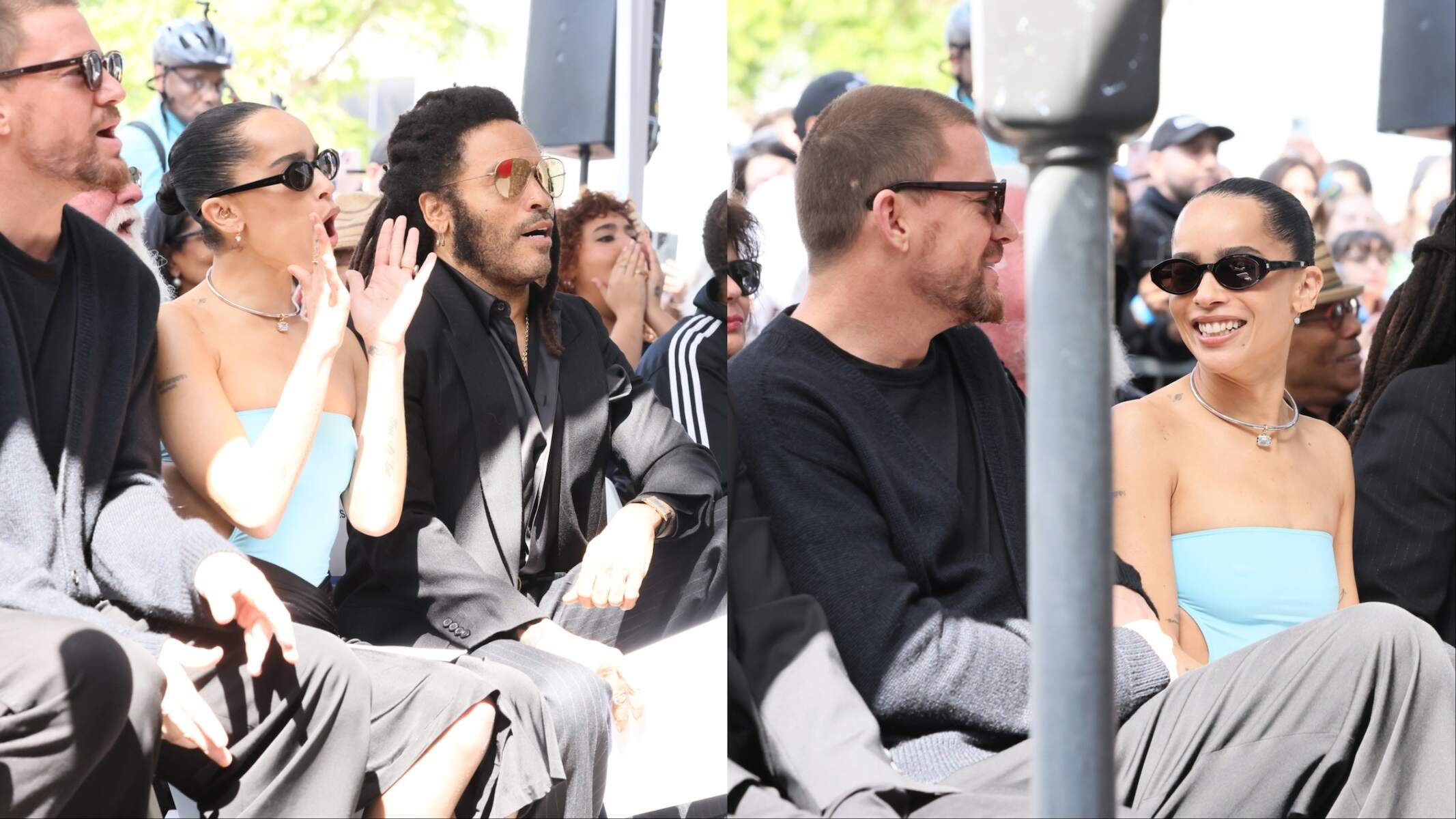 Actors Channing Tatum and Zoë Kravitz laugh together during the Lenny Kravitz Hollywood Walk of Fame Star Ceremony