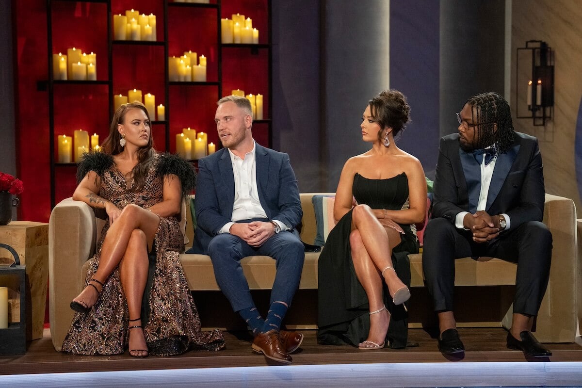 Chelesa, Jimmy, Kenneth and Brittany sitting on a couch at the 'Love Is Blind' Season 6 reunion