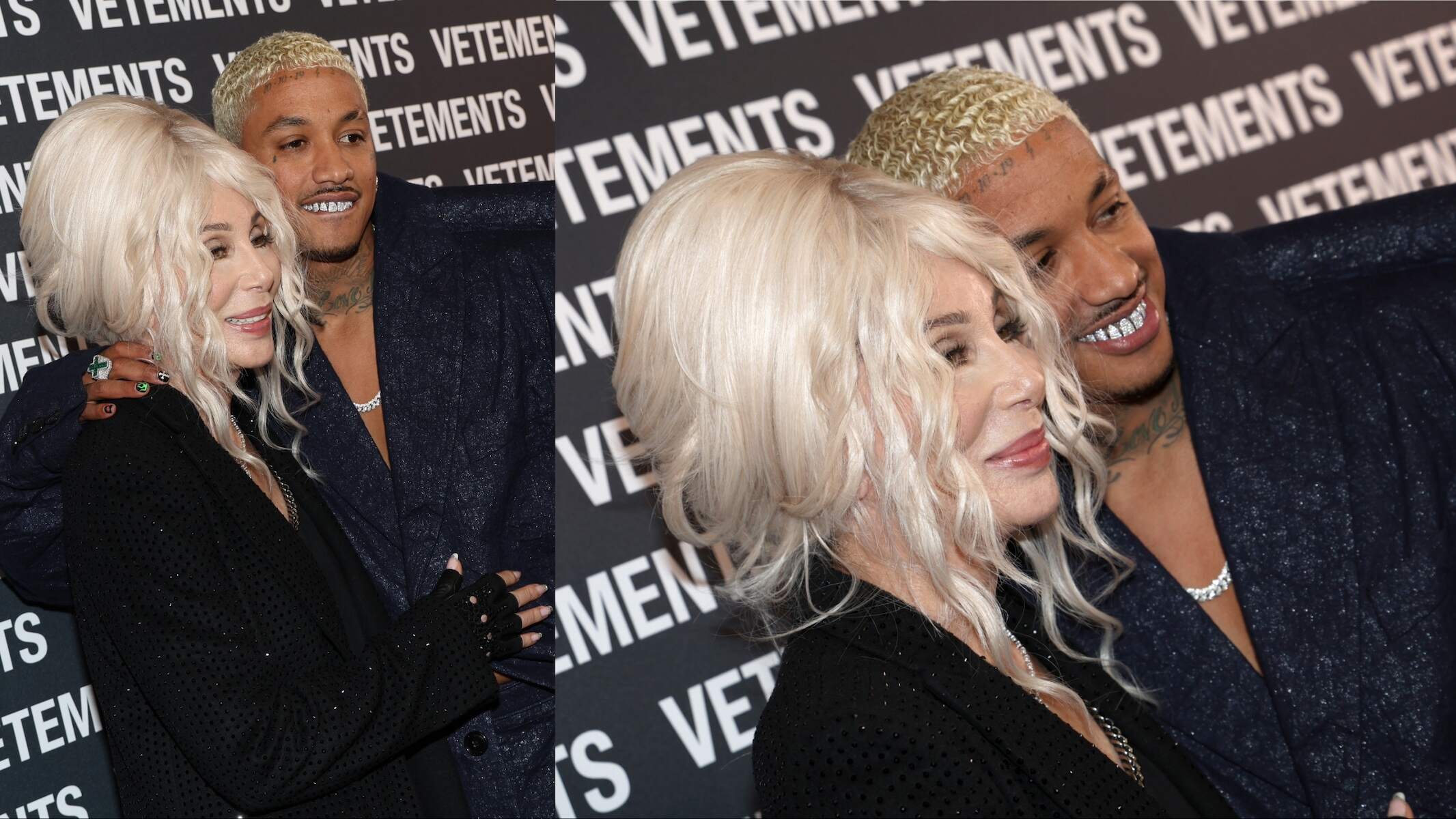 Couple Cher and Alexander Edwards pose backstage after the Vetements Womenswear Fall/Winter 2024-25 show