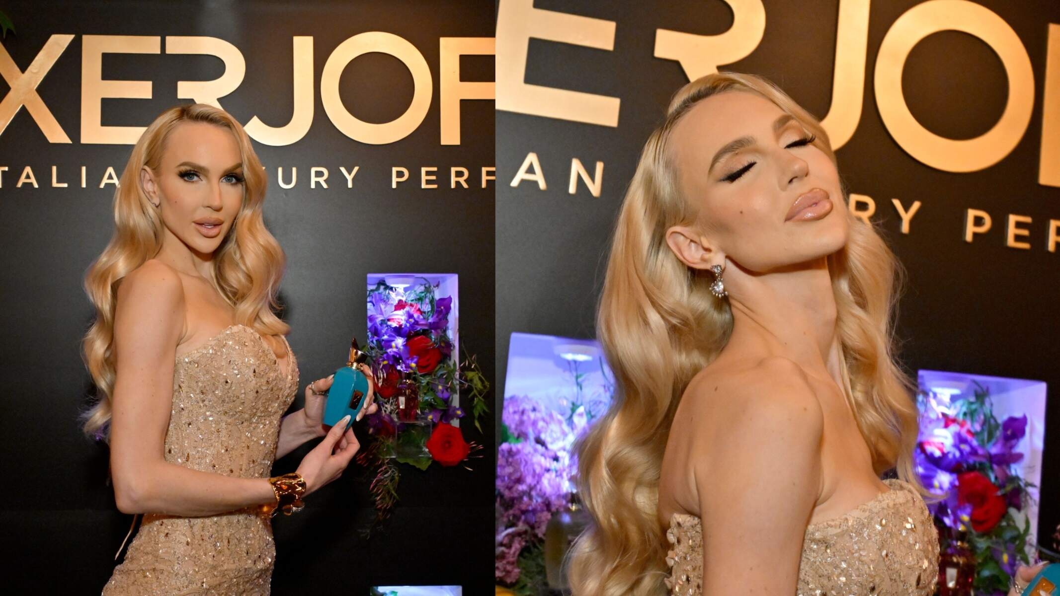 Reality star Christine Quinn wears a beige gown and poses for the camera with a perfume bottle