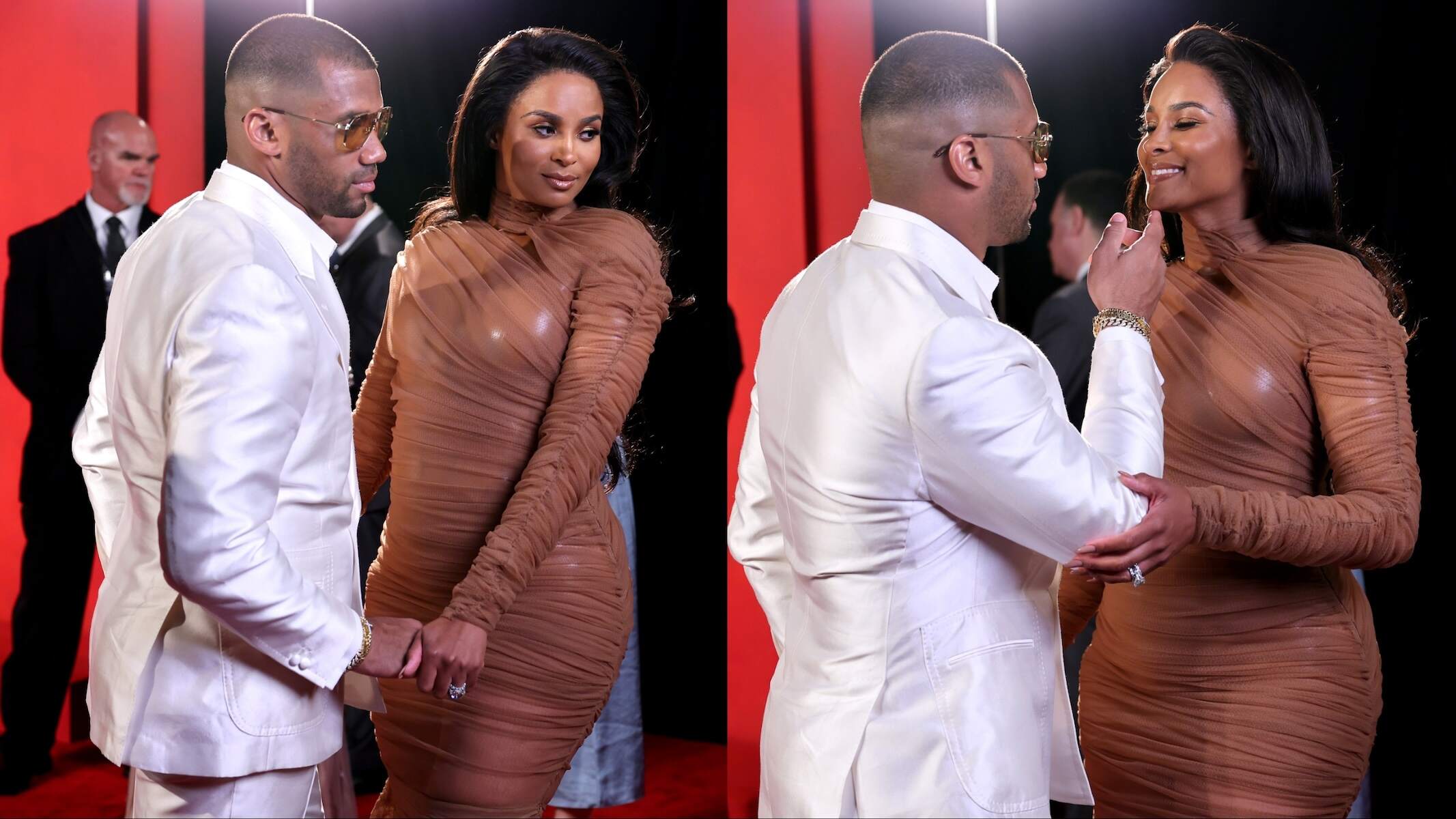 Married couple Russell Wilson and Ciara get candid between photos on the red carpet at the 2024 Vanity Fair Oscar Party three months after the birth of their fourth child