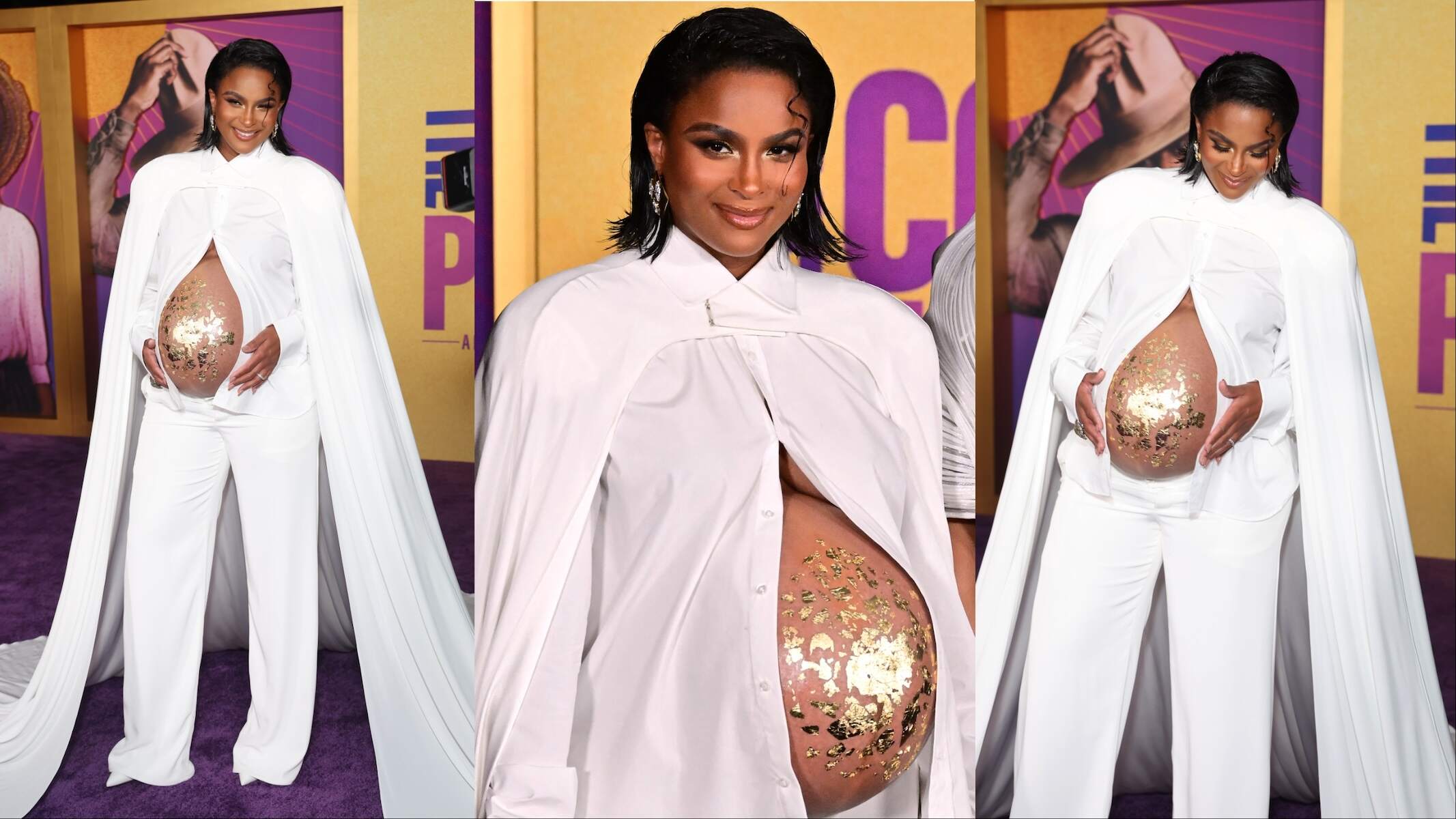 Singer Ciara pose for photos with her baby bump showing through her shirt at the premiere of The Color Purple
