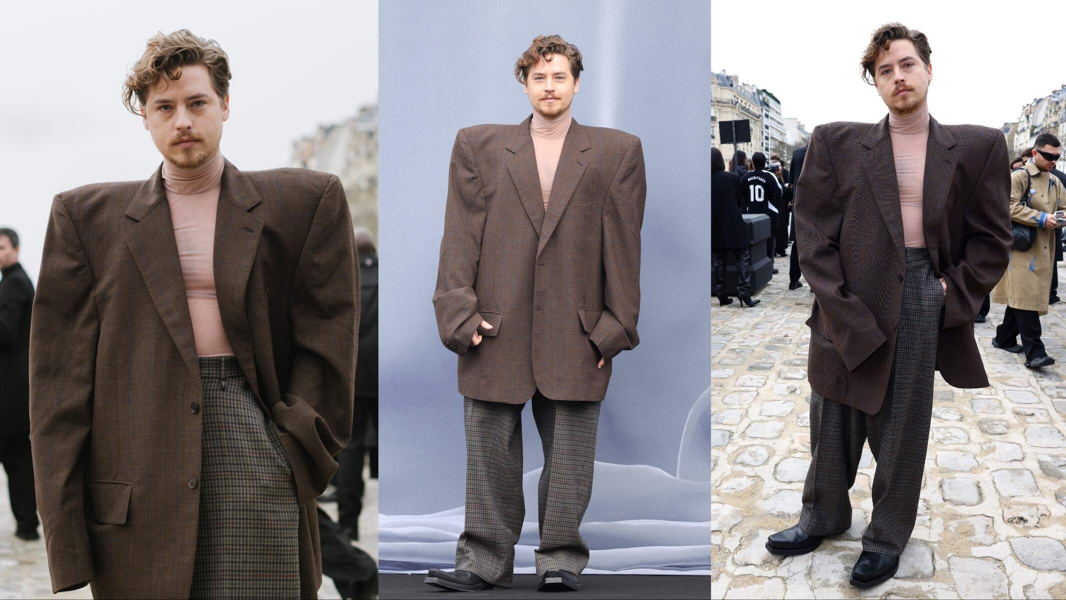 Actor Cole Sprouse attends the Balenciaga Fall/Winter 2024-2025 show wearing a brown jacket with huge shoulder pads