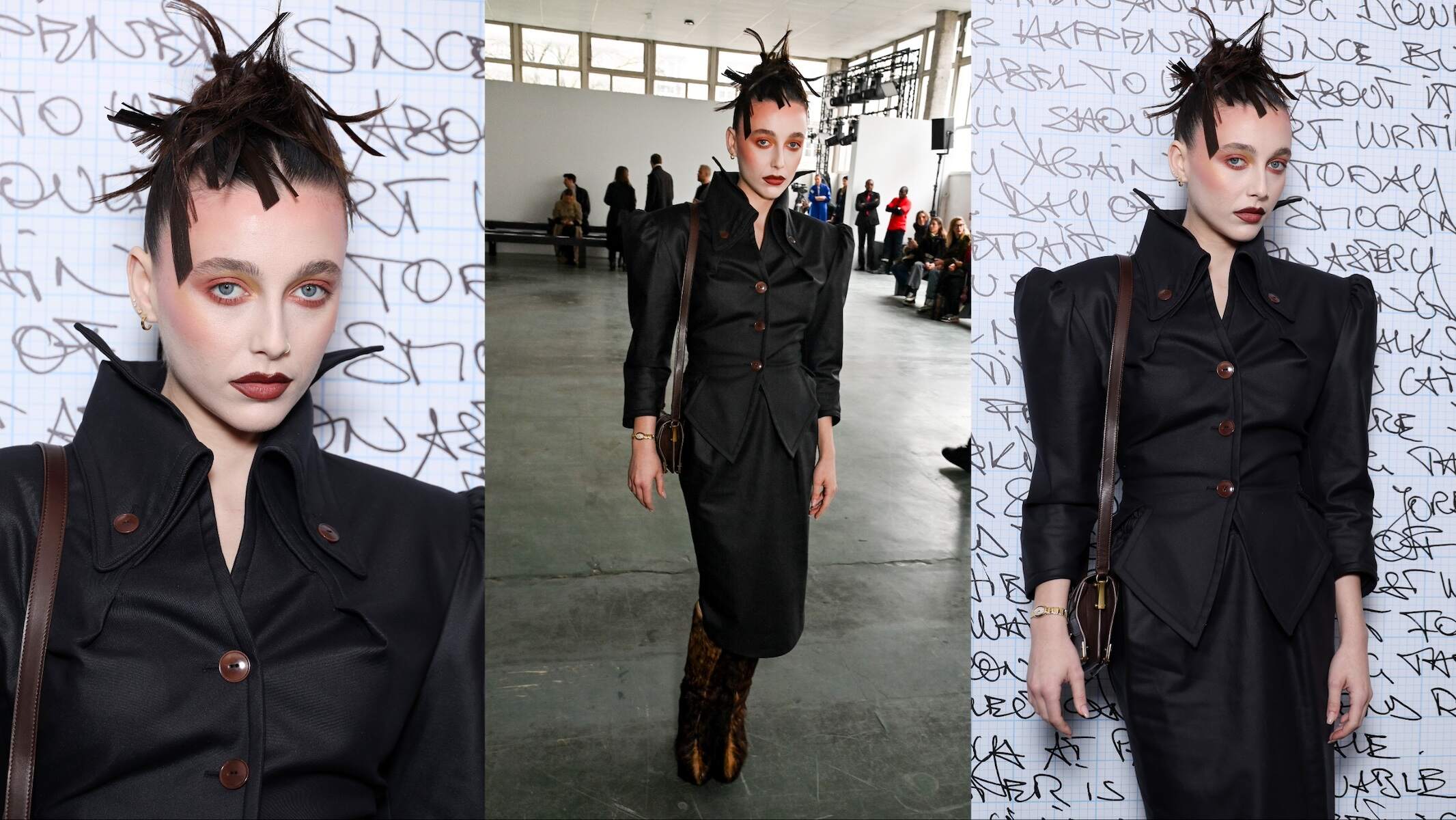Influencer Emma Chamberlain wears a tailored black suit at Paris Fashion Week 2024