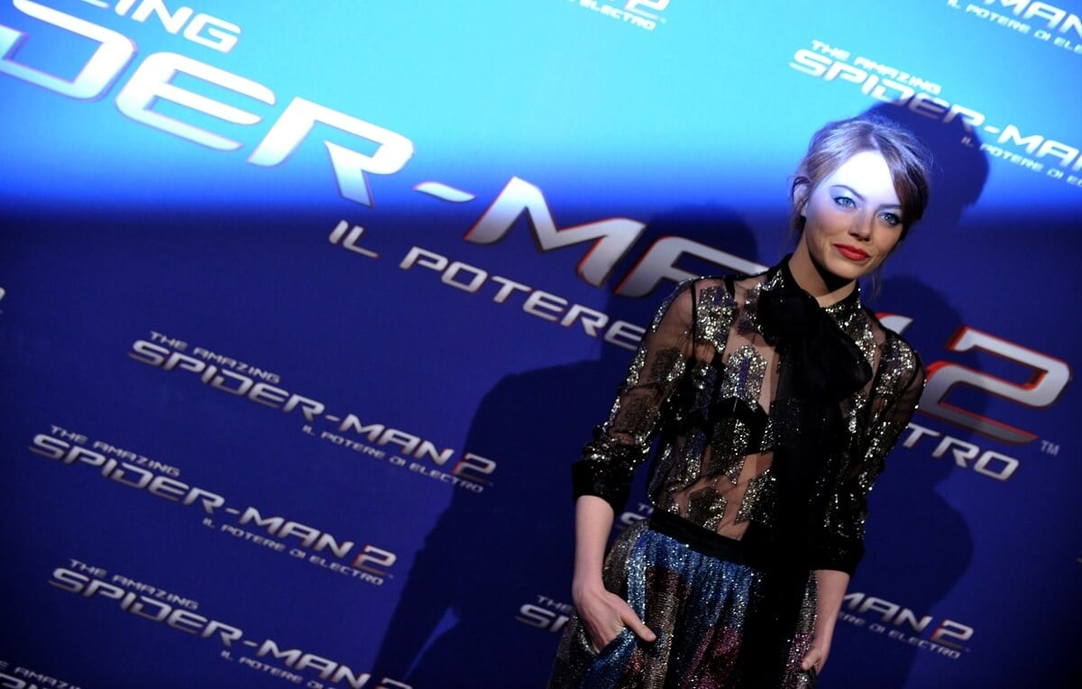 Emma Stone posing in a dress at 'The Amazing Spider-Man 2' premiere.
