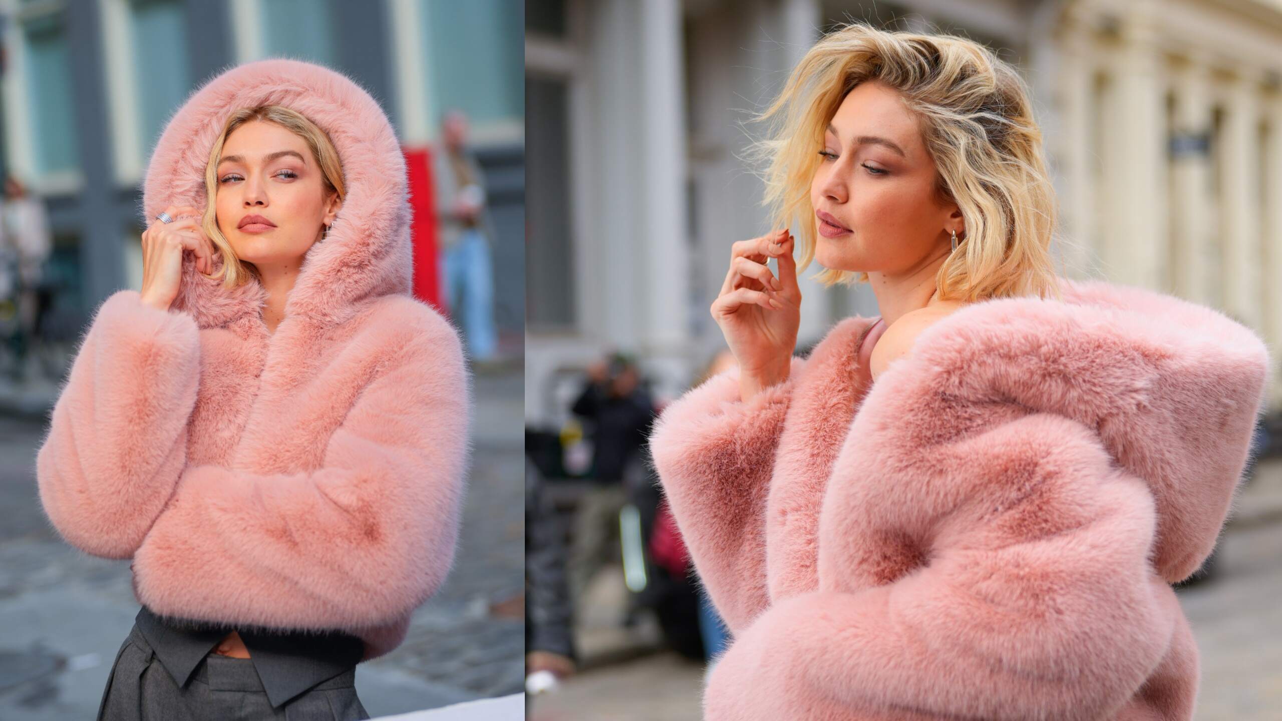 Model Gigi Hadid wears a pink faux fur coat and stands on an NYC street for a photoshoot