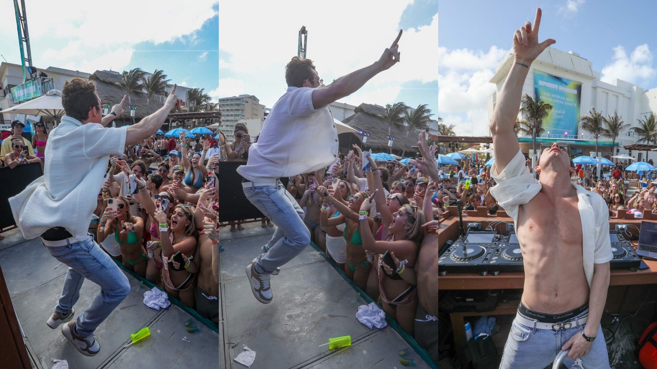 Vanderpump Rules star James Kennedy djs in Cancun to an excited crowd while wearing a white unbuttoned shirt