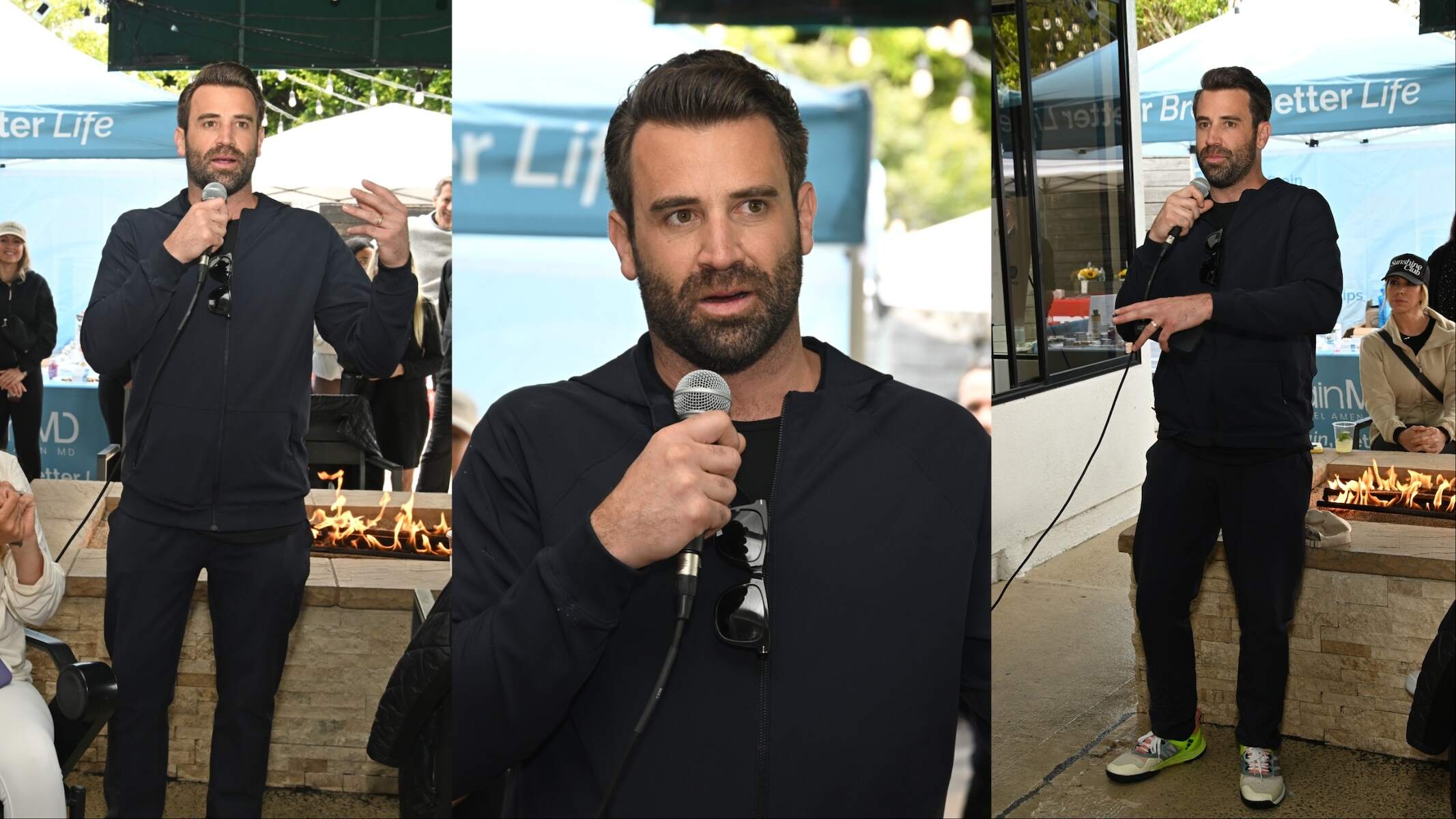 Wearing a zip-up and sweatpants, Jason Wahler speaks at a charity pickleball tournament